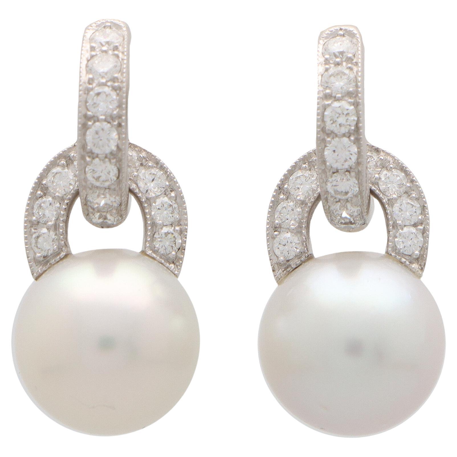 Convertible Pearl and Diamond Drop Hoop Earrings Set in Platinum For Sale