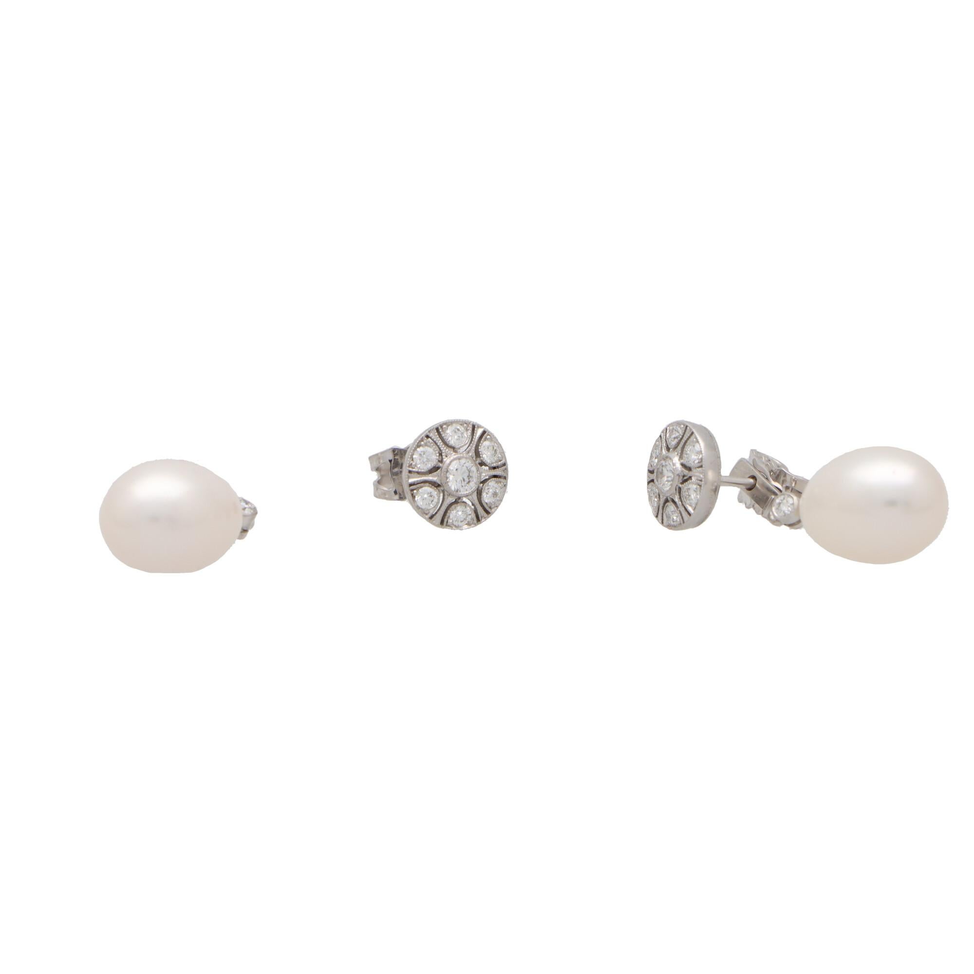 Modern Convertible Pearl and Diamond Drop Stud Earrings Set in 18k White Gold For Sale