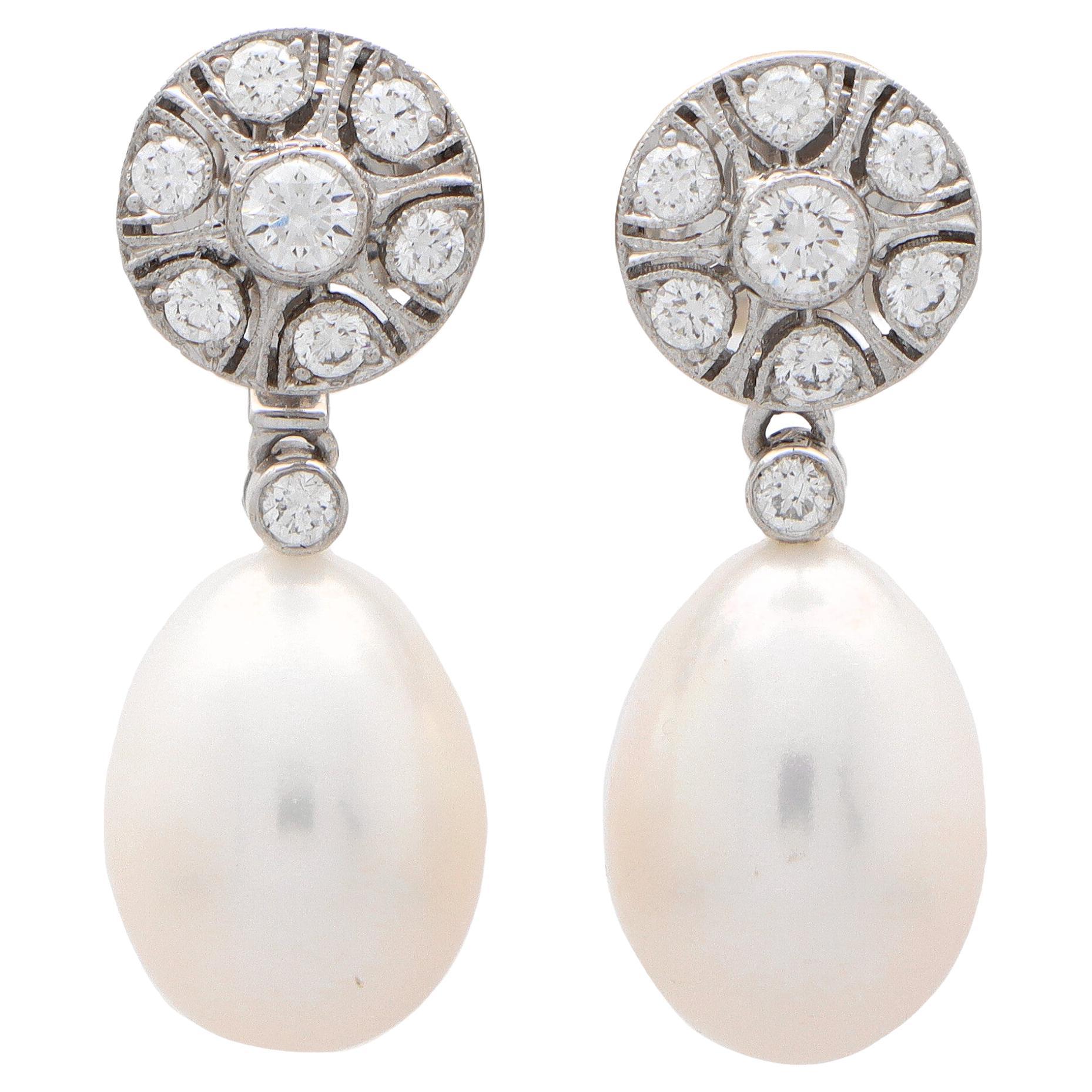 Convertible Pearl and Diamond Drop Stud Earrings Set in 18k White Gold