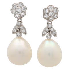 Convertible Pearl and Diamond Floral Drop/Stud Earrings in 18k White Gold