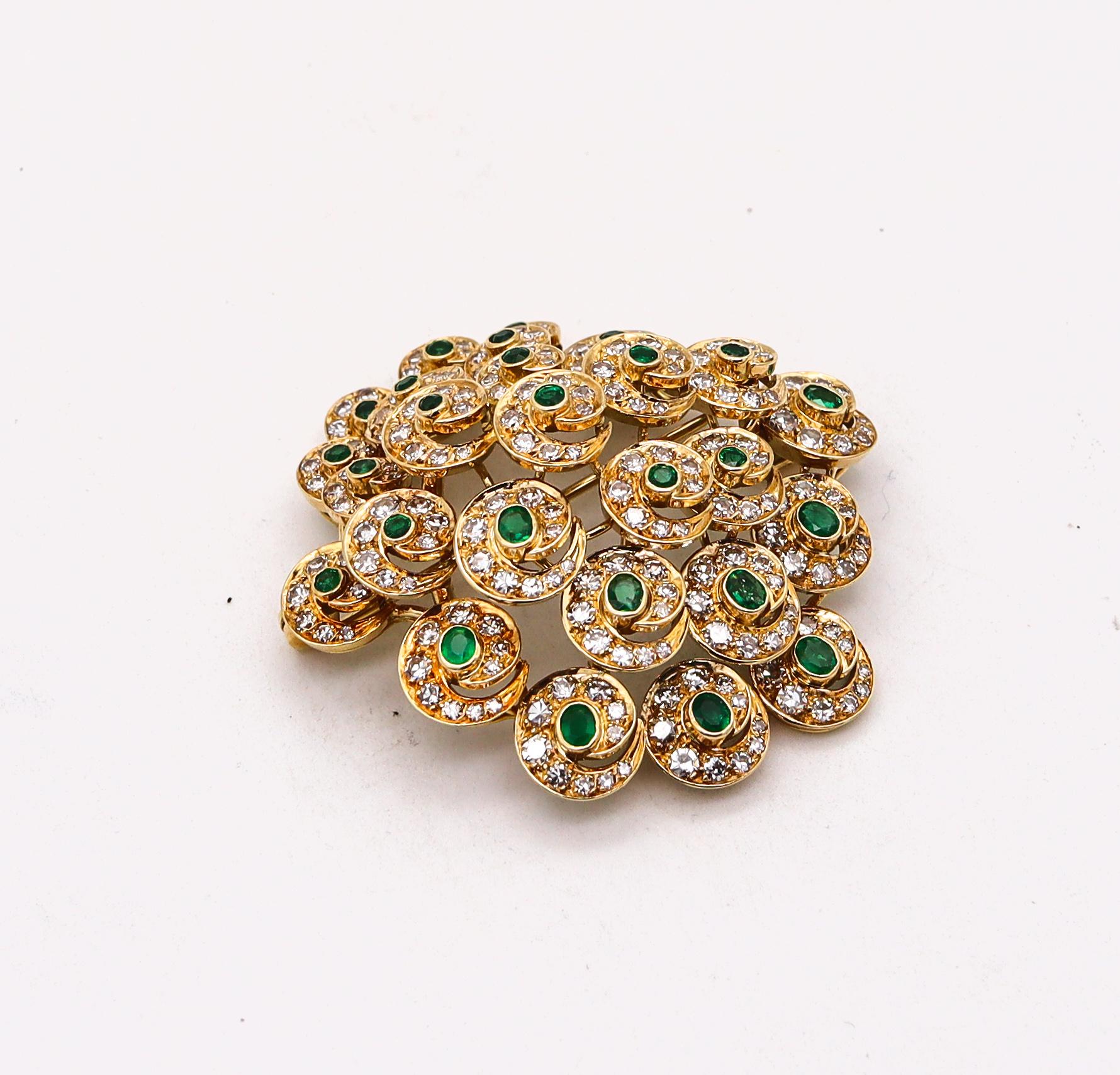 Convertible pendant brooch with natural gemstones.

An Italian colorful piece, beautifully crafted in a three dimensional shape in solid yellow gold of 18 karats with high polished finish. This convertible piece is fitted with a hinged horizontal