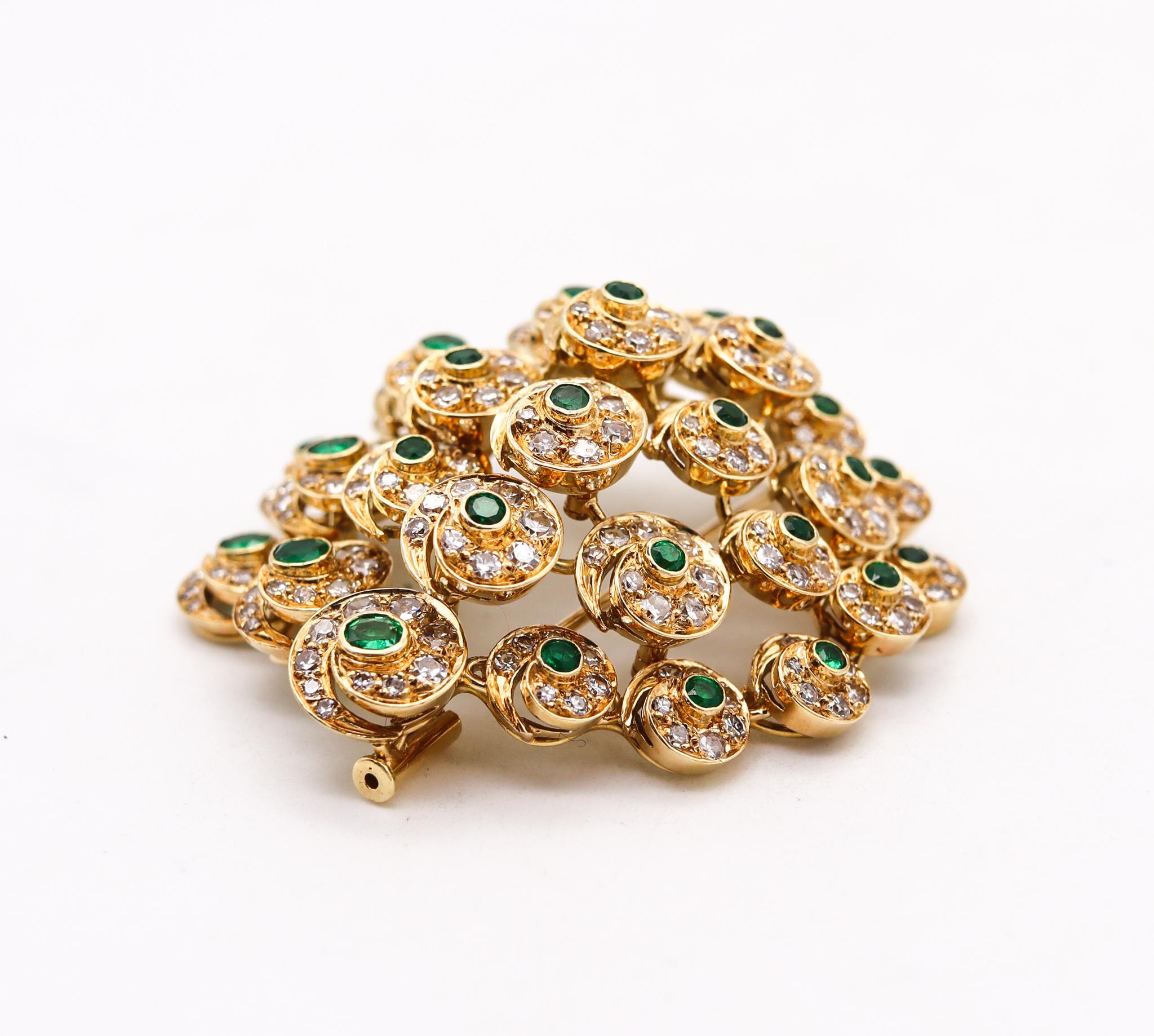 Modernist Convertible Pendant Brooch in 18Kt Gold with 10.48 Cts in Diamonds and Emeralds For Sale
