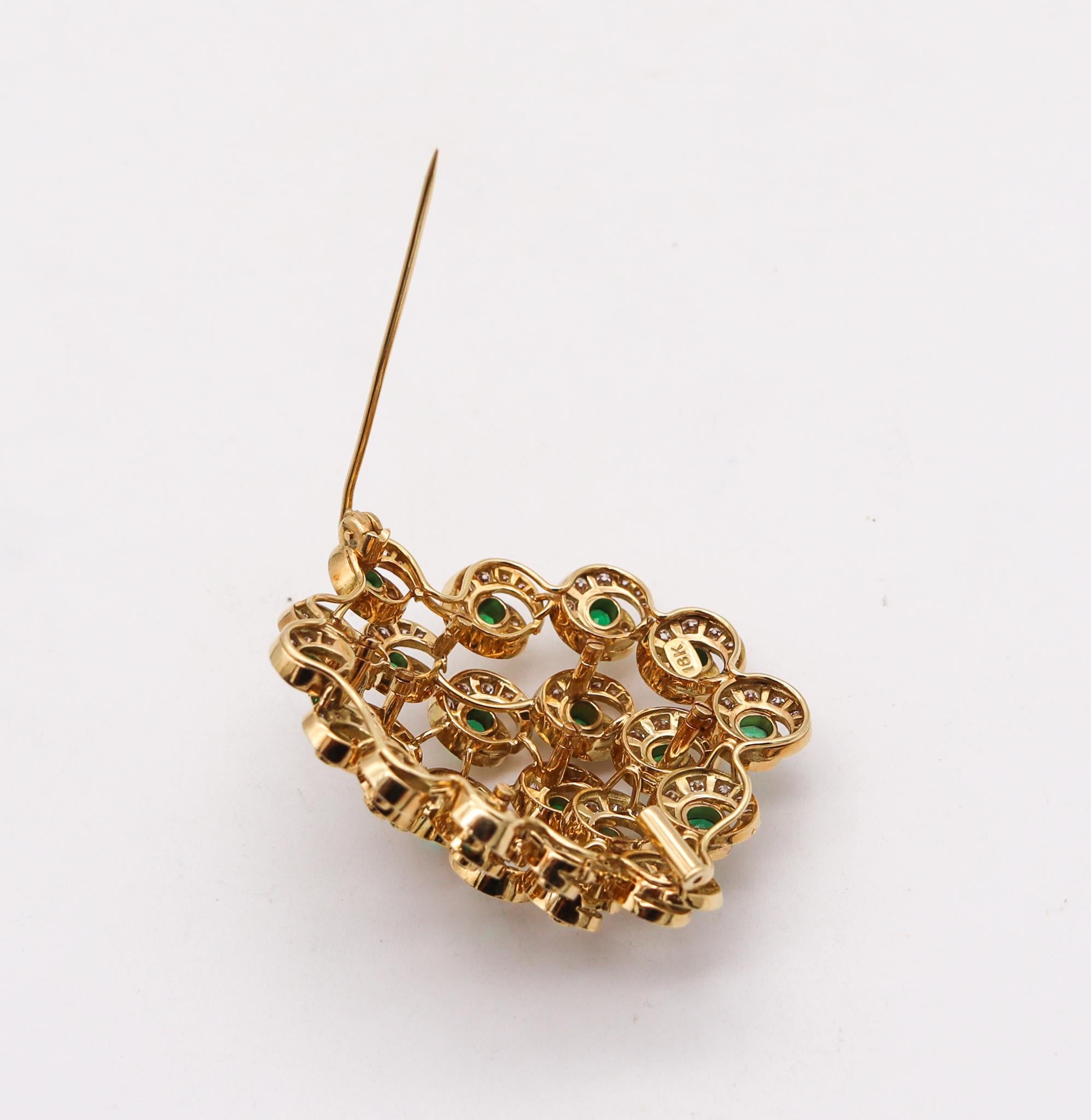 Mixed Cut Convertible Pendant Brooch in 18Kt Gold with 10.48 Cts in Diamonds and Emeralds For Sale