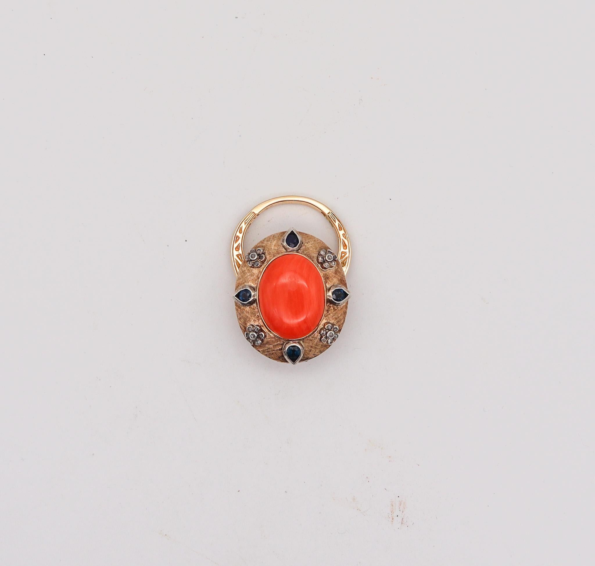 Convertible Pendant Ring In 18Kt Gold With Ctw In Diamonds Sapphires And Coral For Sale 4
