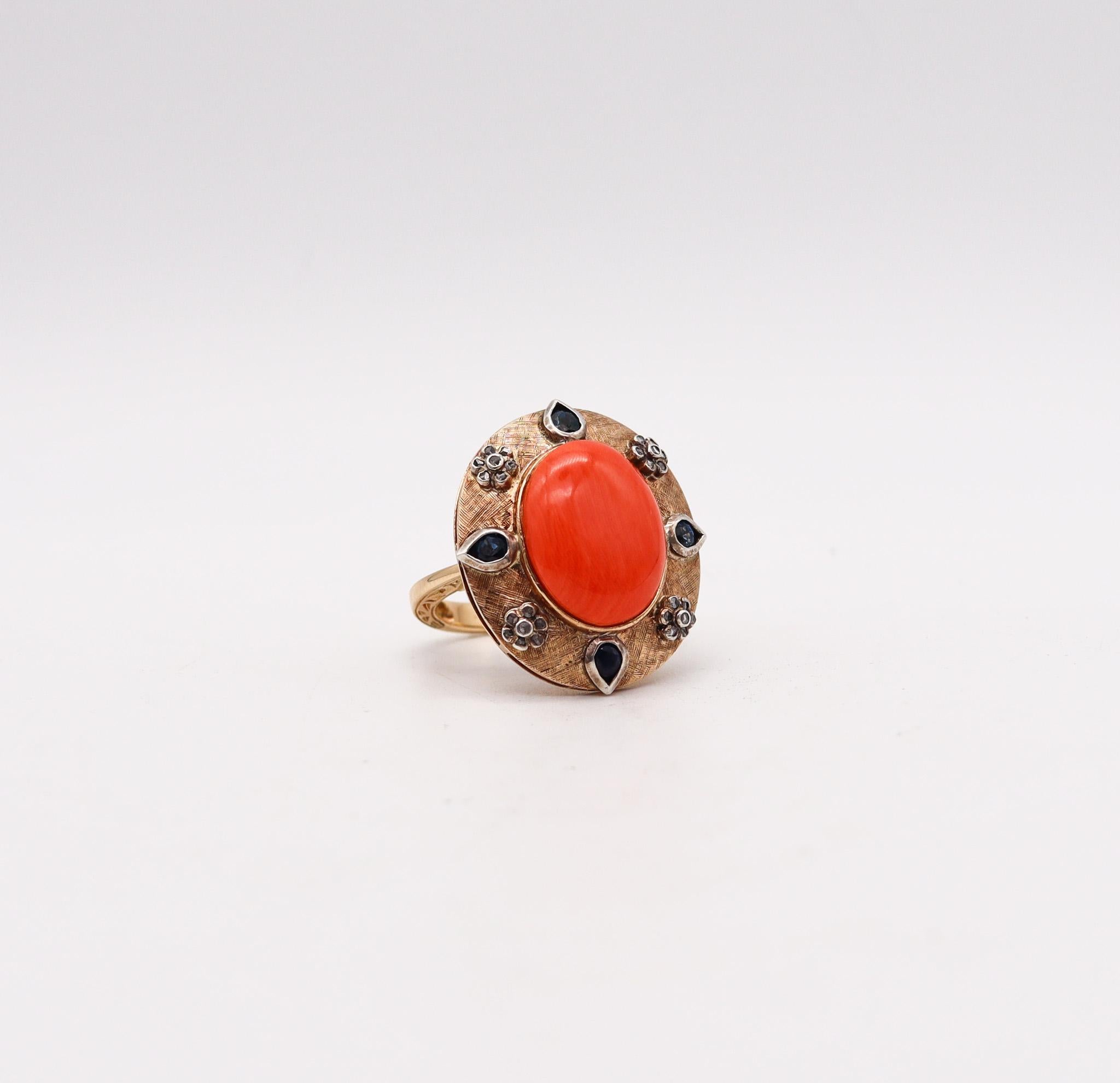 Convertible Pendant Ring In 18Kt Gold With Ctw In Diamonds Sapphires And Coral In Excellent Condition For Sale In Miami, FL