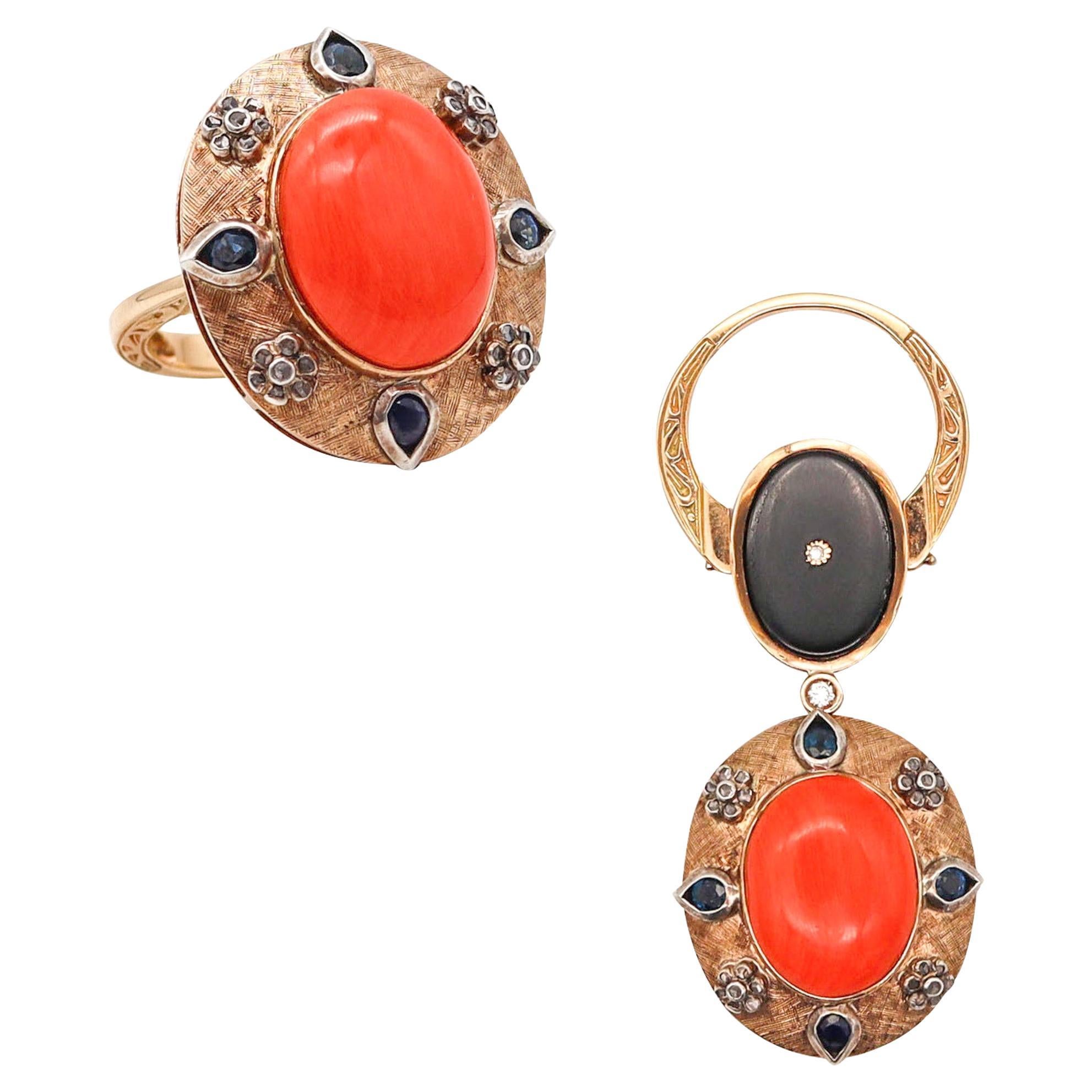 Convertible Pendant Ring In 18Kt Gold With Ctw In Diamonds Sapphires And Coral For Sale