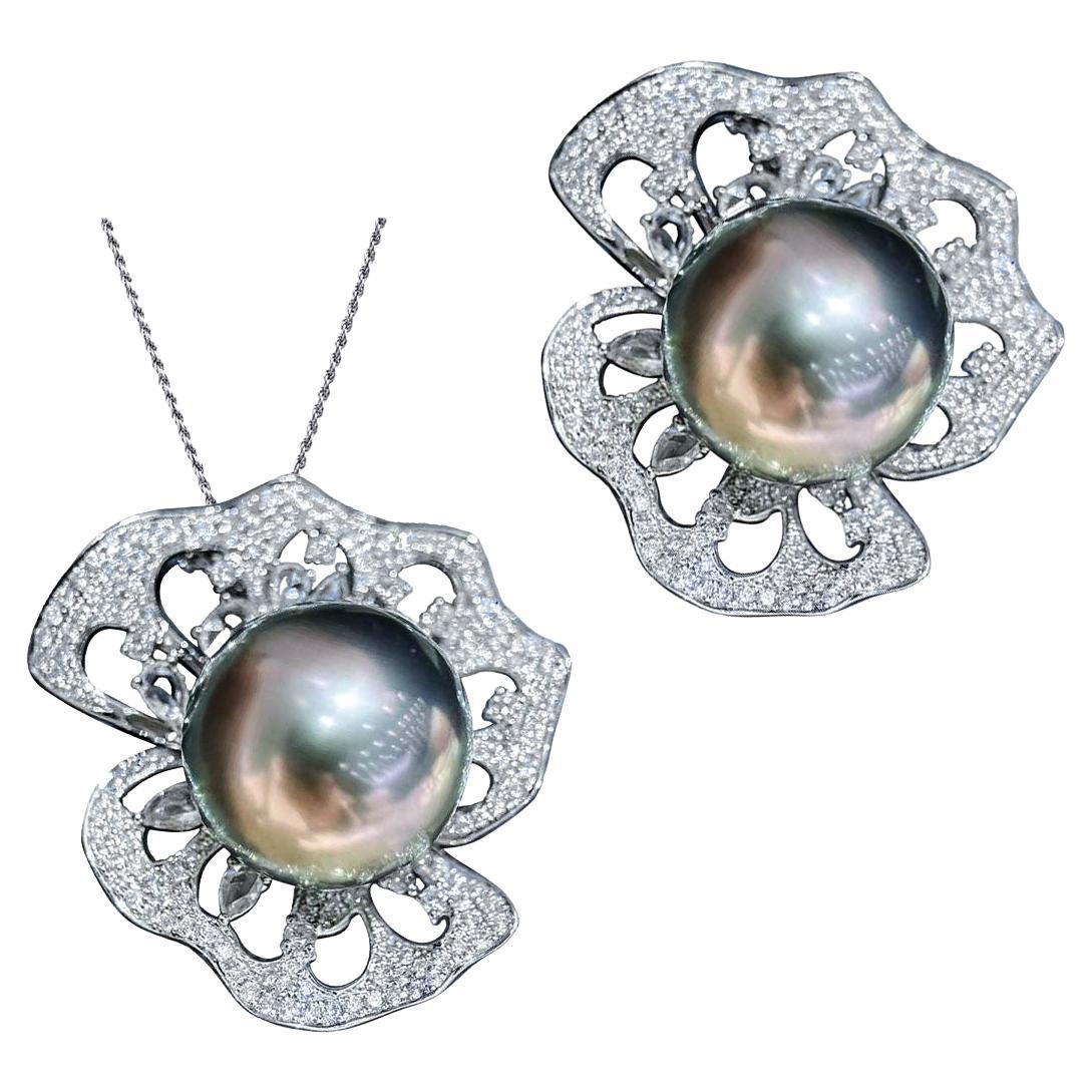 【Vine Symphony】Convertible Petal Lace Tahitian Pearl Diamond Pendant Brooch