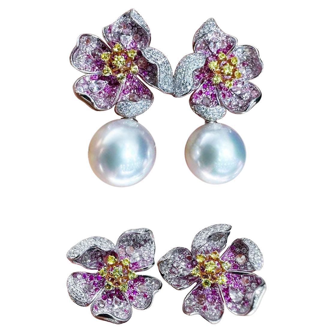 【Vine Symphony】Convertible Petalburst South Sea Pearl Diamond Sapphire Earrings