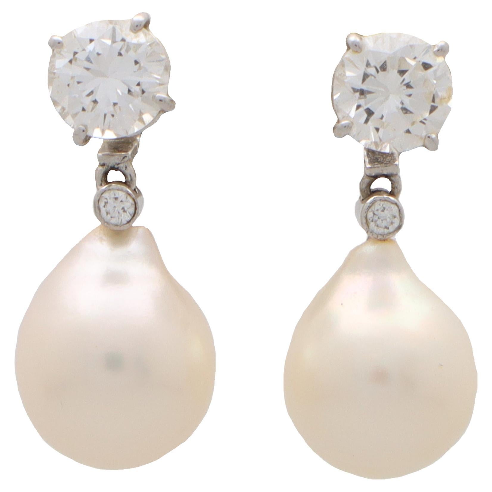 Convertible Solitaire Diamond Stud and Pearl Drop Earrings in 18k White Gold