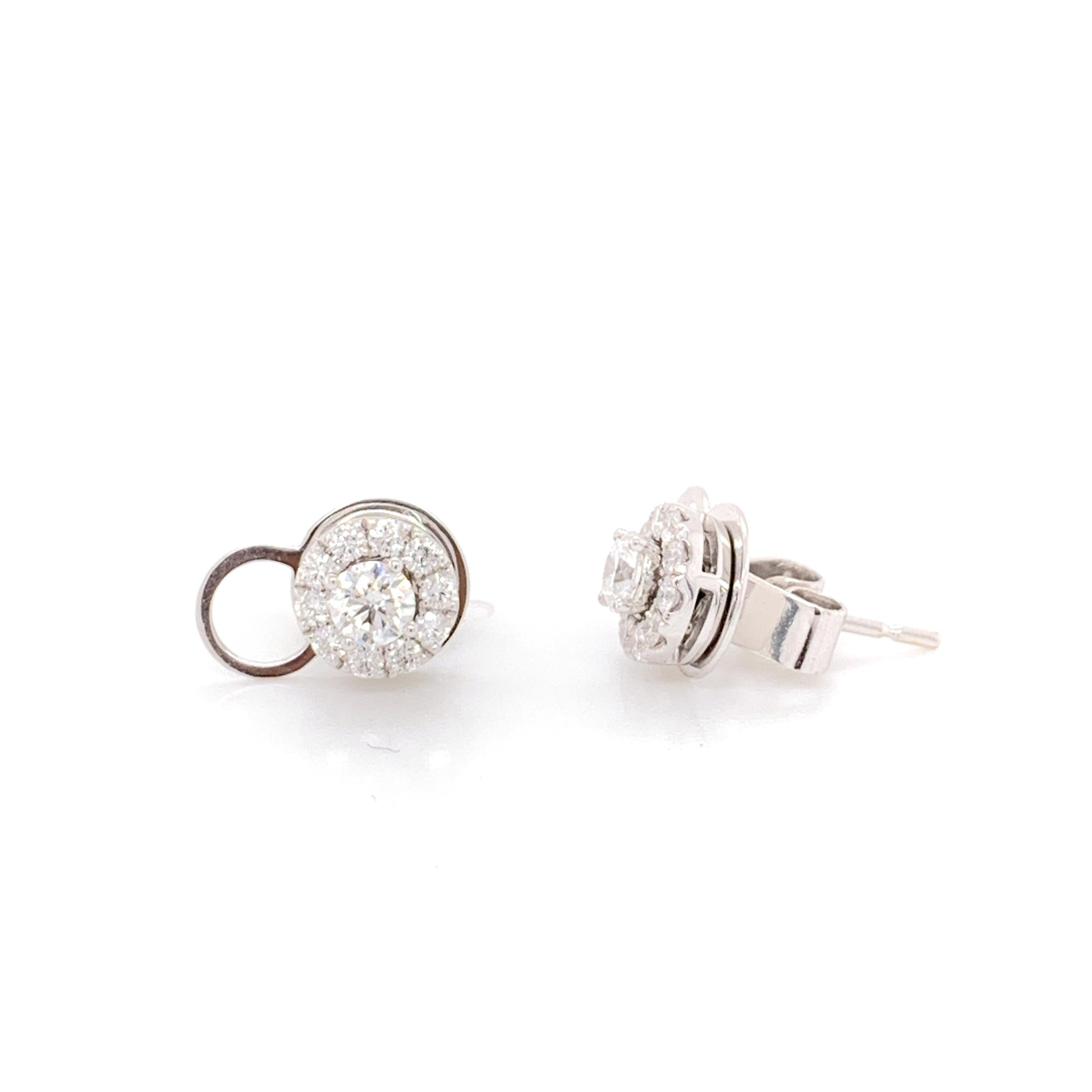 Convertible Stud/Halo diamond earrings made with real/natural brilliant cut diamonds. Total Diamond Weight: 0.63 carats. Diamond Quantity: 26 (round diamonds). Color: G. Clarity: VS. Mounted on 18 karat white gold push back setting with additional