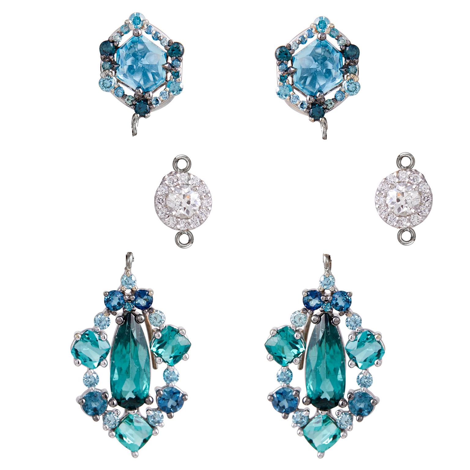 Convertible tourmaline, aquamarine, diamond, and natural blue zircon earrings designed in 18k white gold. These unique earrings have a glow of tropical water colors and are accented by fine white diamonds F-G color and VS1 clarity as well as