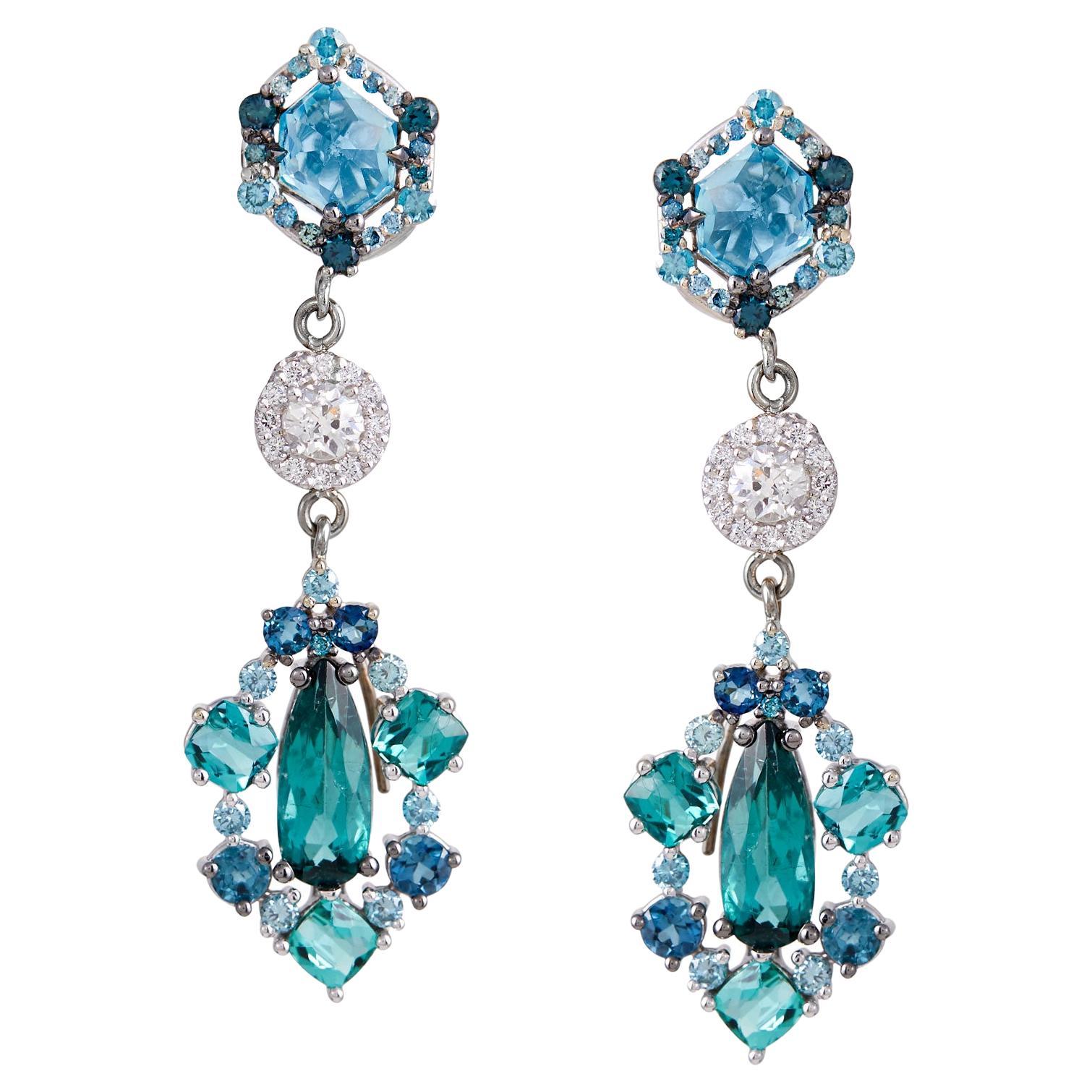 Convertible Tourmaline, Aquamarine, Diamond, & Natural Blue Zircon 18k Earrings For Sale