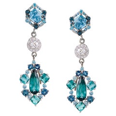 Convertible Tourmaline, Aquamarine, Diamond, & Natural Blue Zircon 18k Earrings