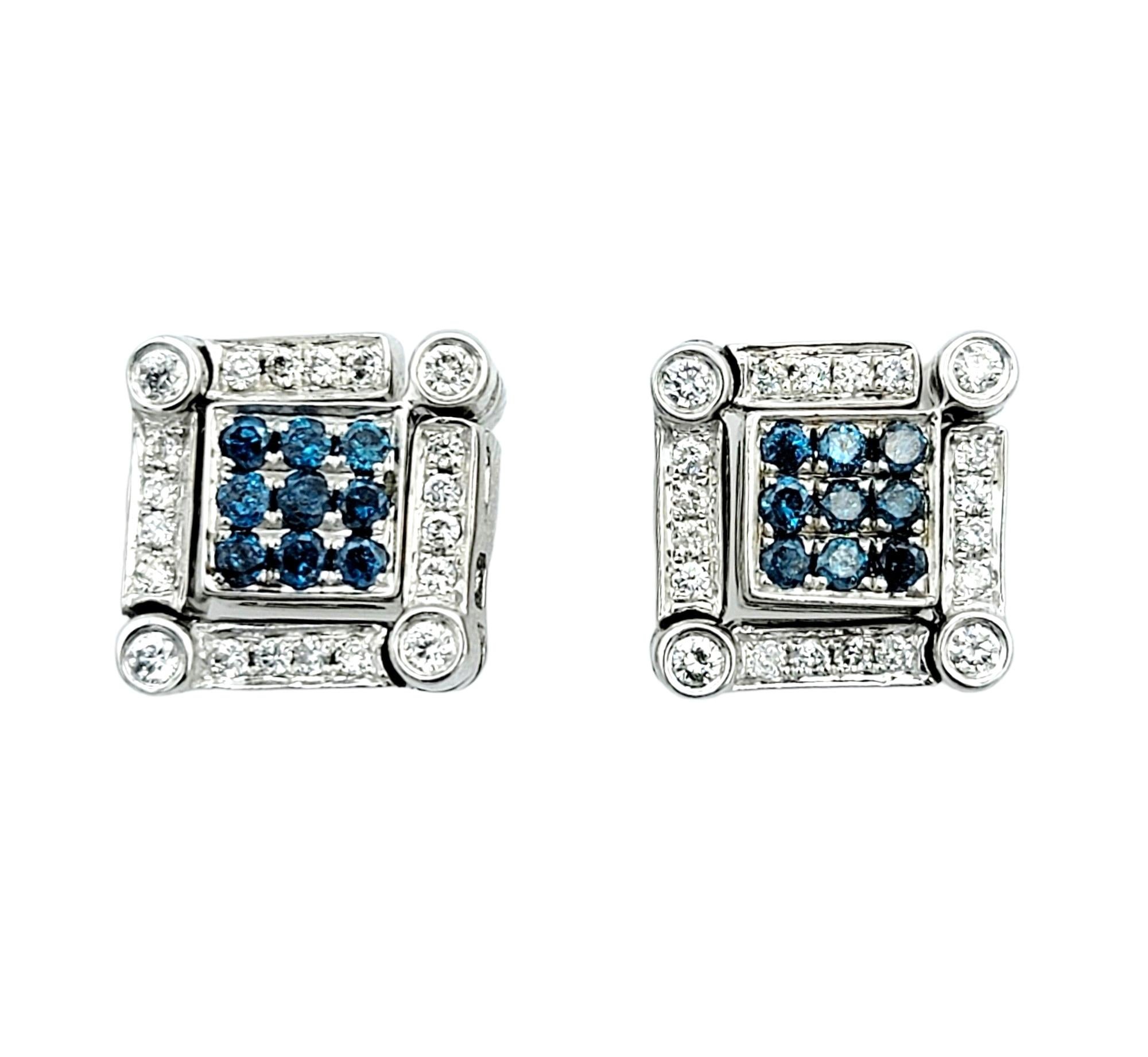 Contemporary Convertible White & Blue Diamond 4 Way Stud and Dangle 14K White Gold Earrings For Sale