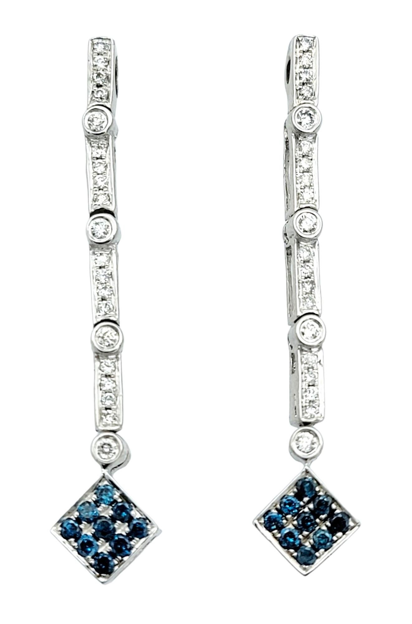 Round Cut Convertible White & Blue Diamond 4 Way Stud and Dangle 14K White Gold Earrings For Sale