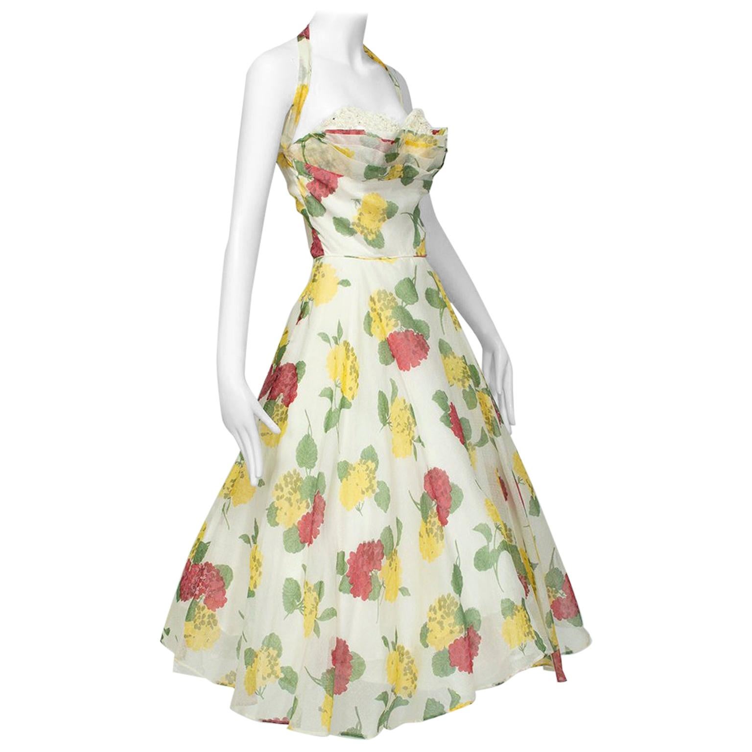 Convertible Yellow Floral Circle Dress w Rhinestone-Studded Shelf Bust-S, 1950s For Sale