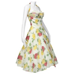 Vintage Convertible Yellow Floral Circle Dress w Rhinestone-Studded Shelf Bust-S, 1950s