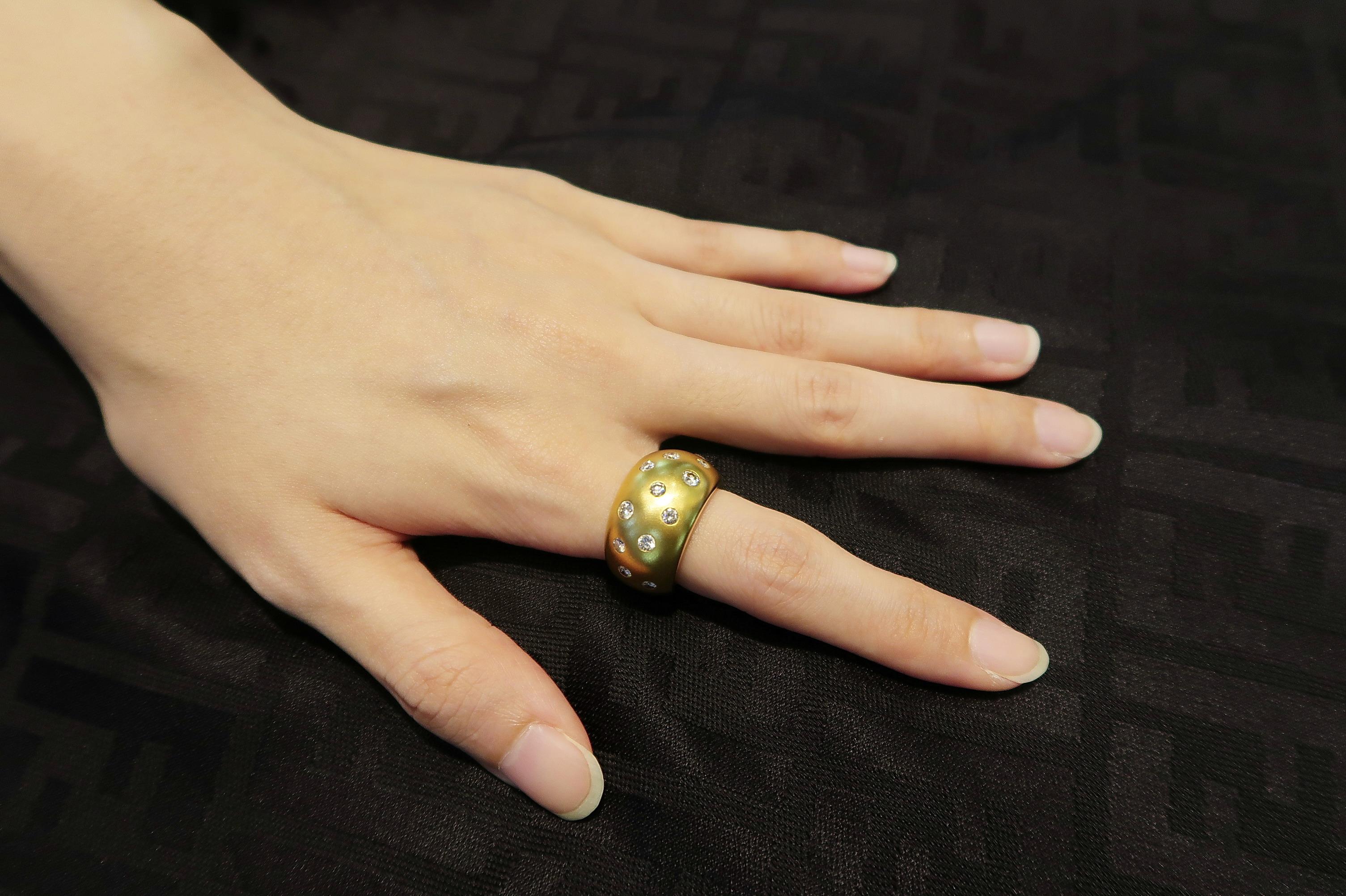 Brilliant Cut Chunky Convex Diamond Matte Finish 18 Karat Yellow Gold Ring For Sale