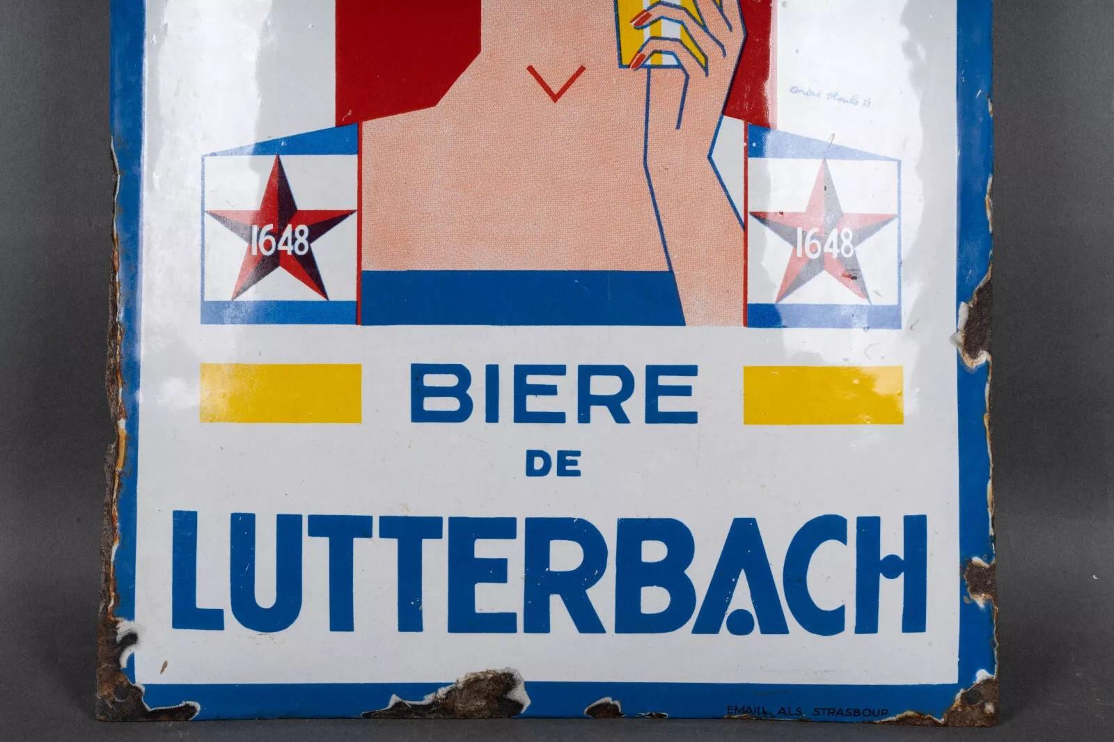 Art déco Plaque émaillée convexe, André Stouls, bière Lutterbach, 1648, ALS Strasbourg en vente