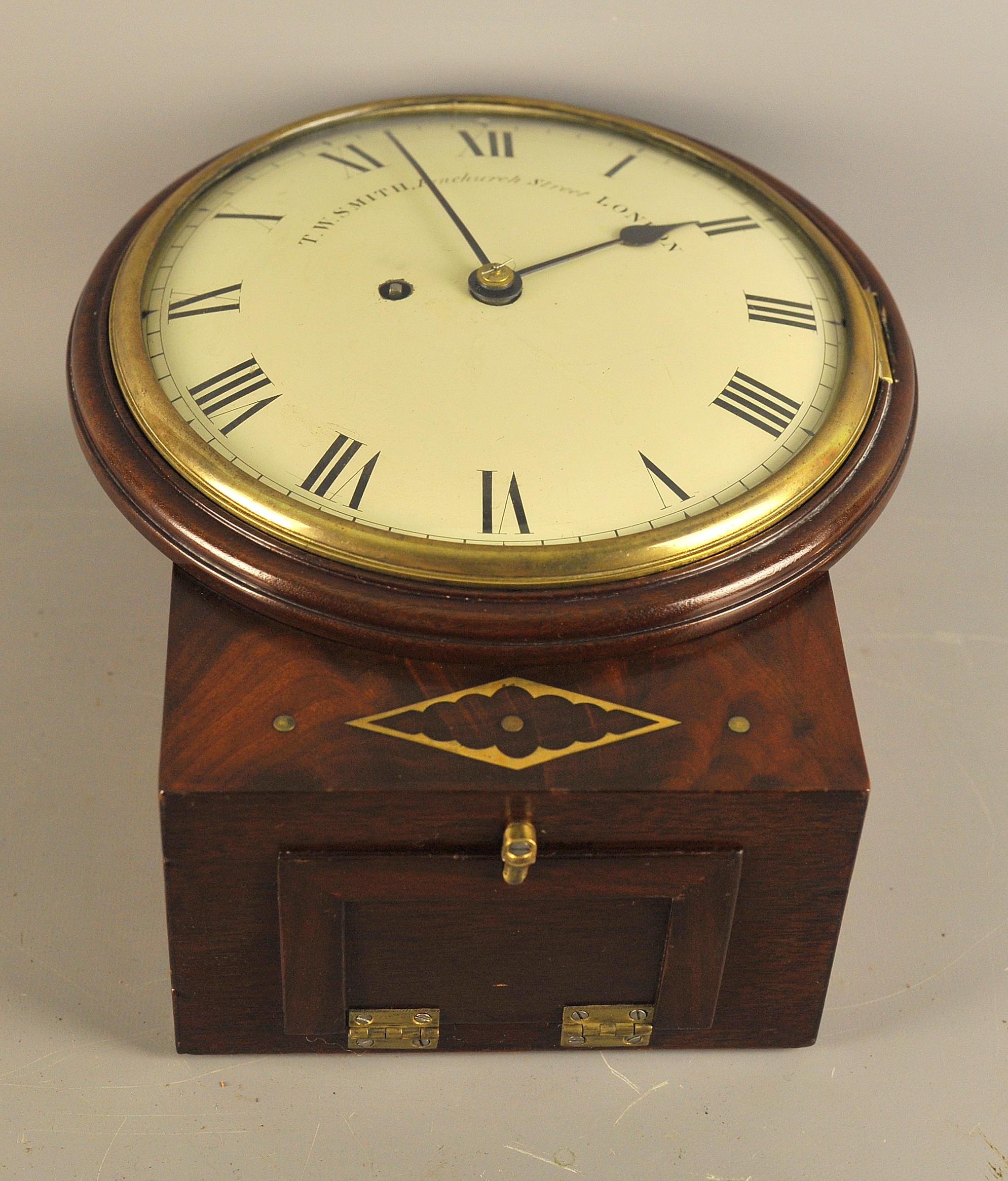 This is a most pleasing English fusee dial clock of small size and excellent quality by T.W. Smith , Fenchurch St , London having been recently sourced from an elderly private client who has owned the clock for many years.
This clock is of elegant