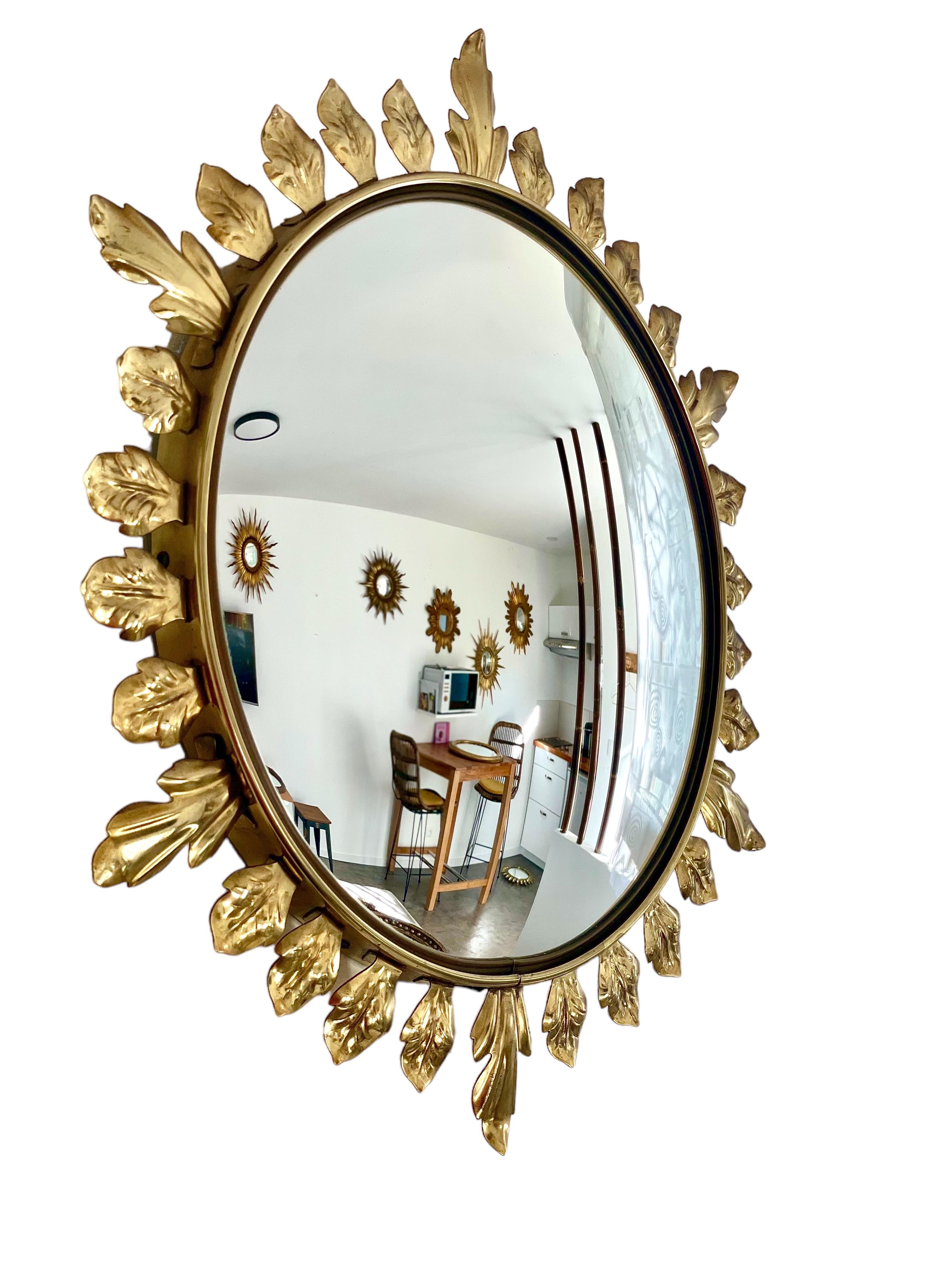 French Convex Gilt Metal Sunburst Mirror For Sale