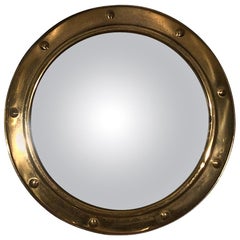 Vintage Convex Glass Brass Frame Rounded Mirror, France, 1940s