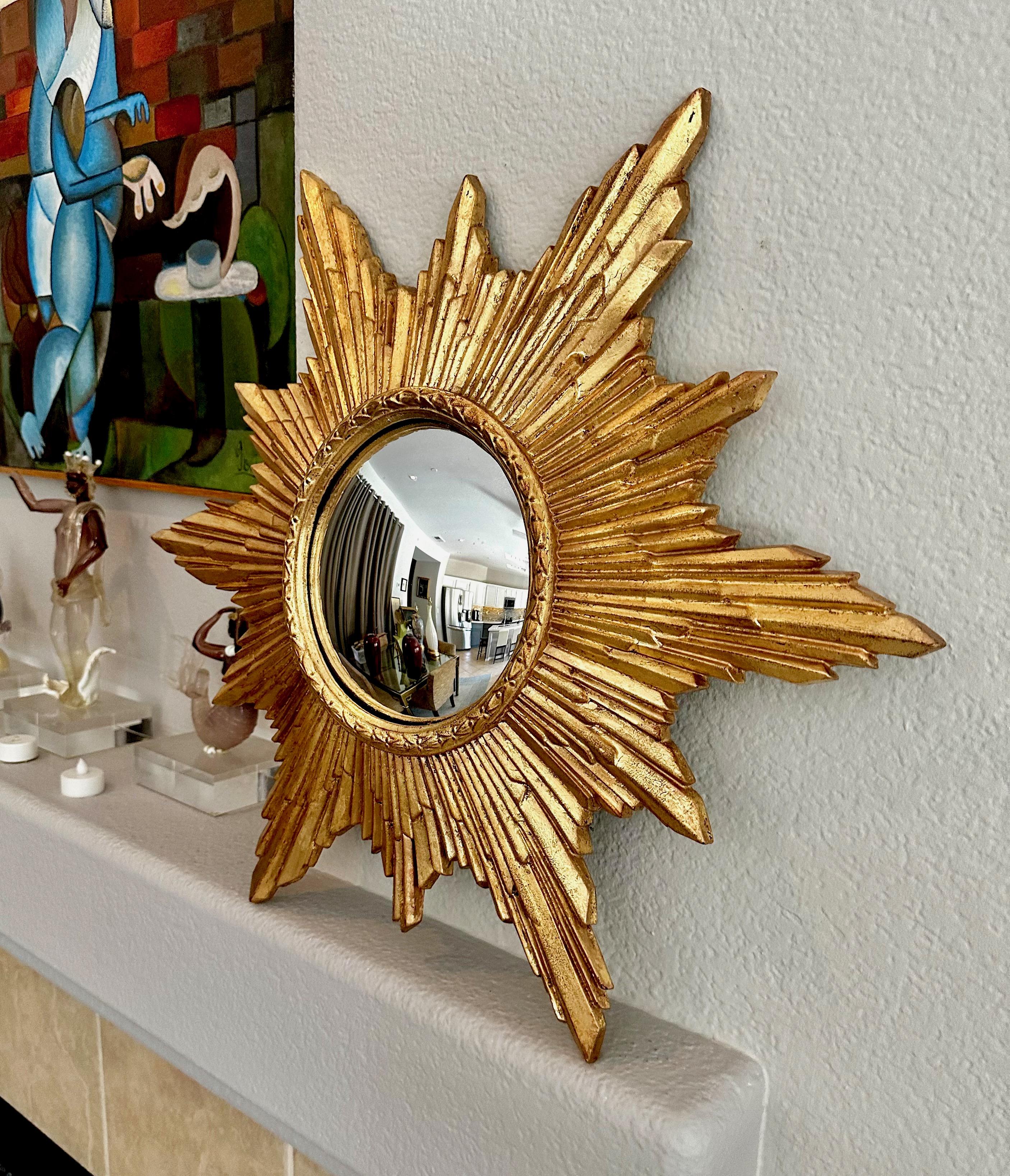 Mid-20th Century Convex Sunburst Gilt Molded Wall Mirror For Sale