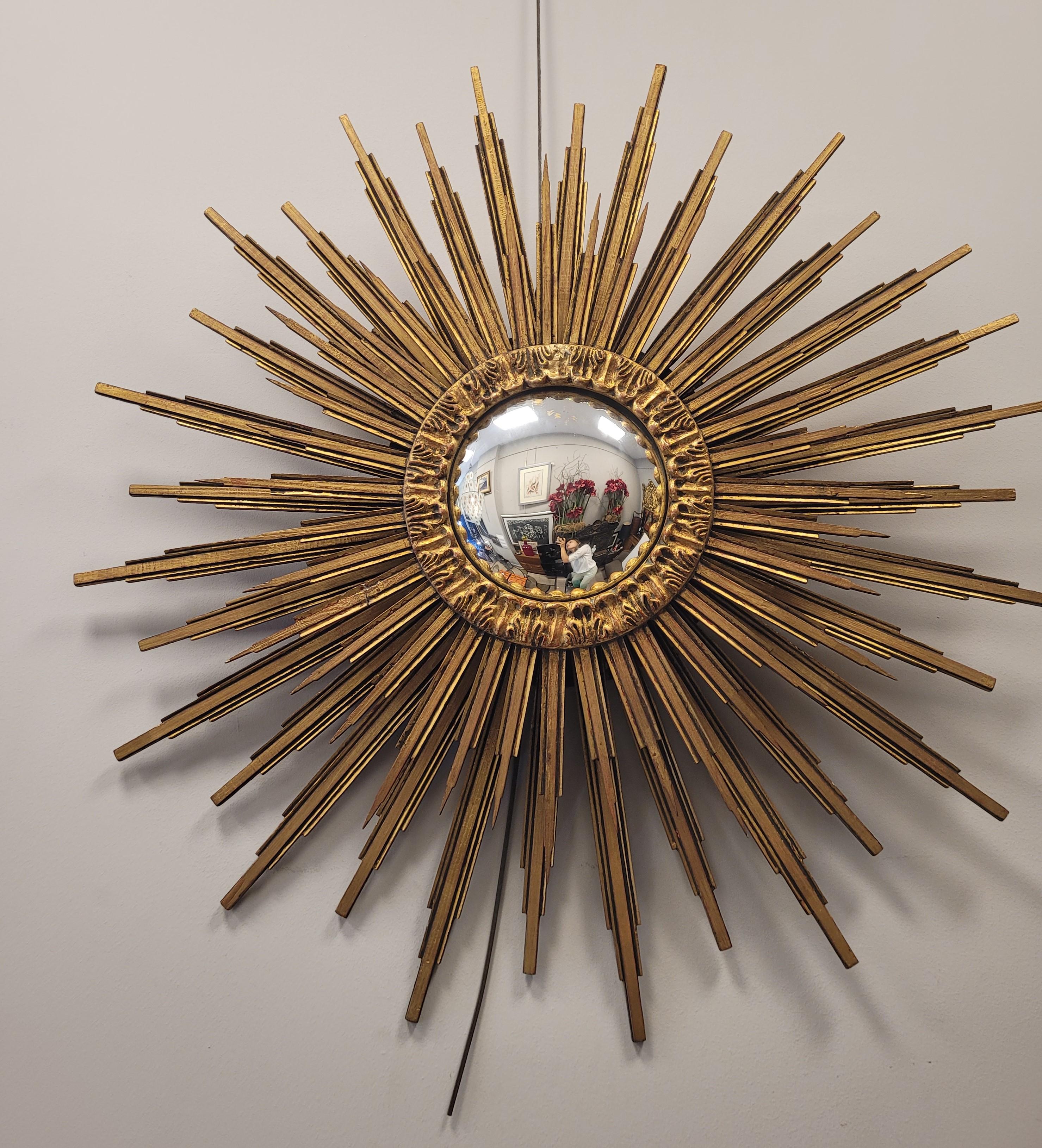 Hand-Crafted Convex Sunburst Mirror golden wood