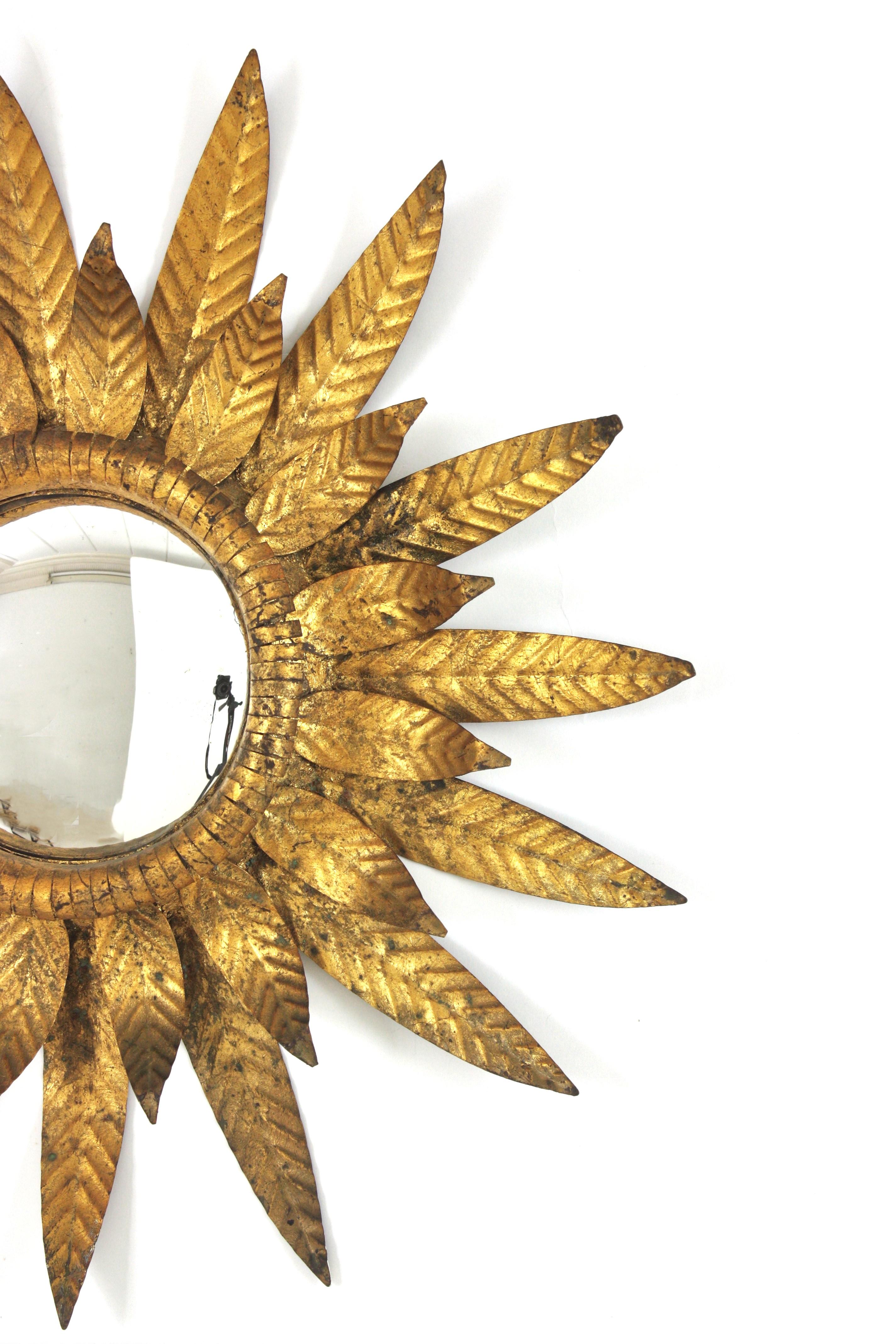 Convex Sunburst Mirror in Gilt Metal, Double Layered Leafed Frame, Spain 1950s For Sale 5