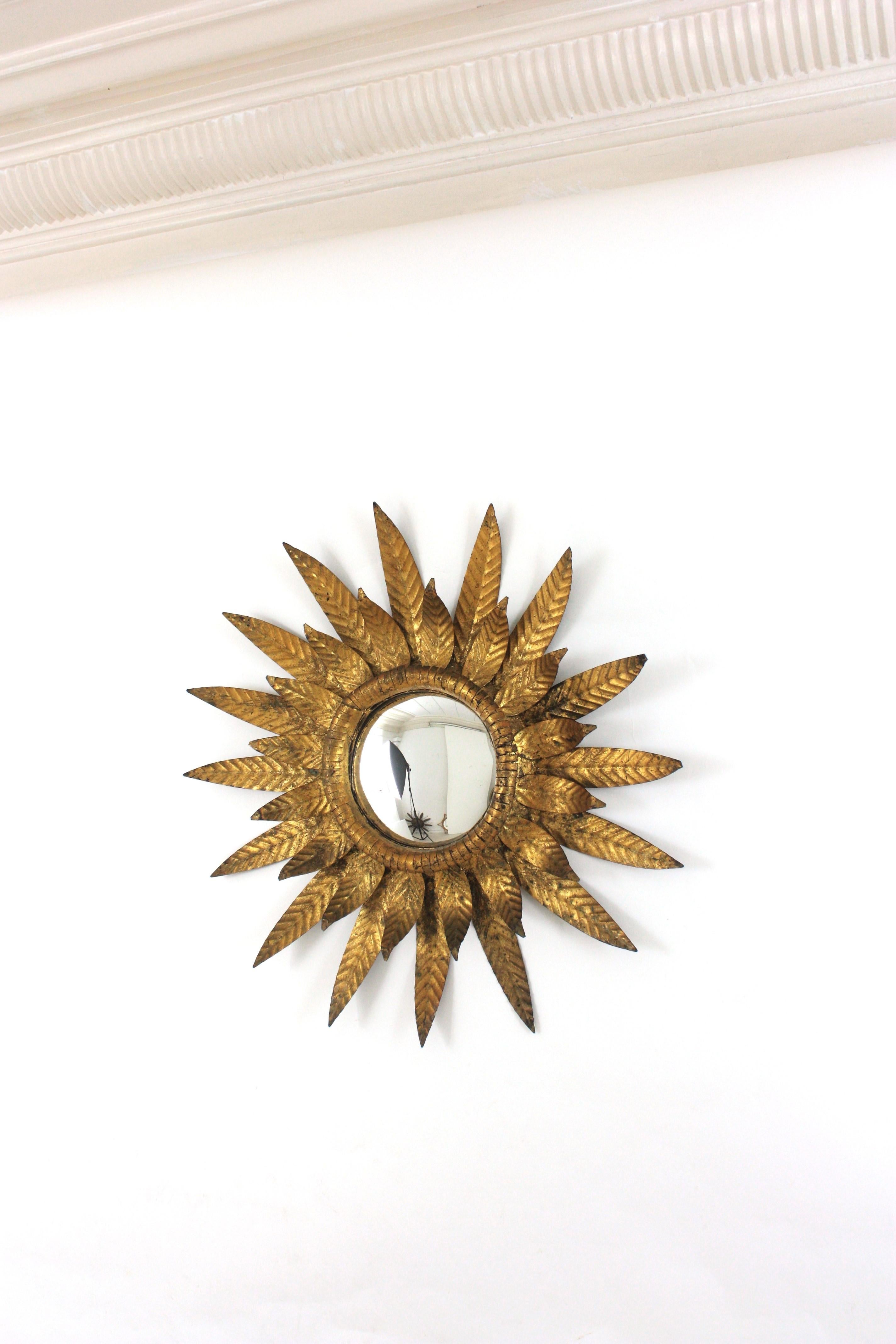 Convex Sunburst Mirror in Gilt Metal, Double Layered Leafed Frame, Spain 1950s For Sale 6