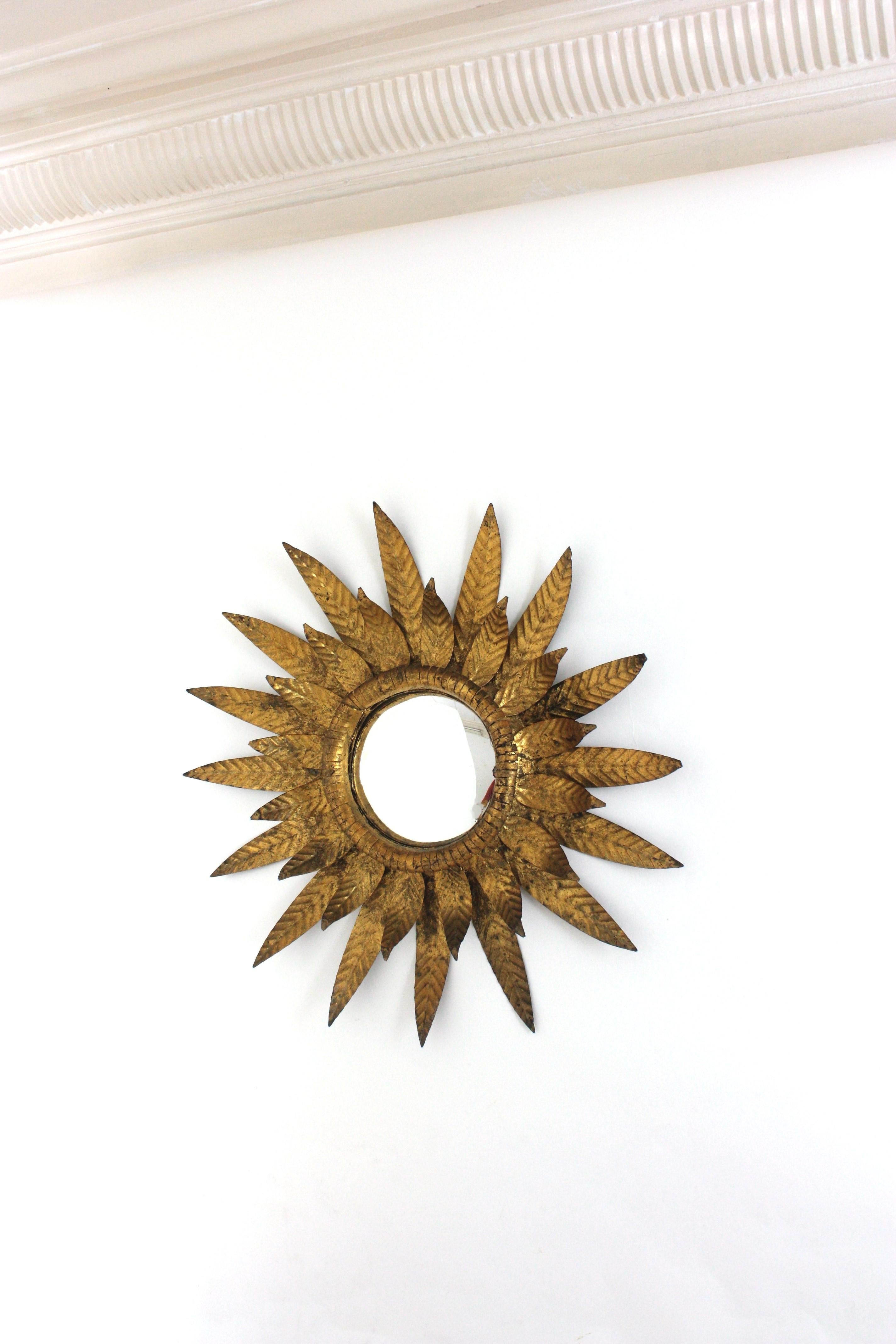 Convex Sunburst Mirror in Gilt Metal, Double Layered Leafed Frame, Spain 1950s For Sale 7