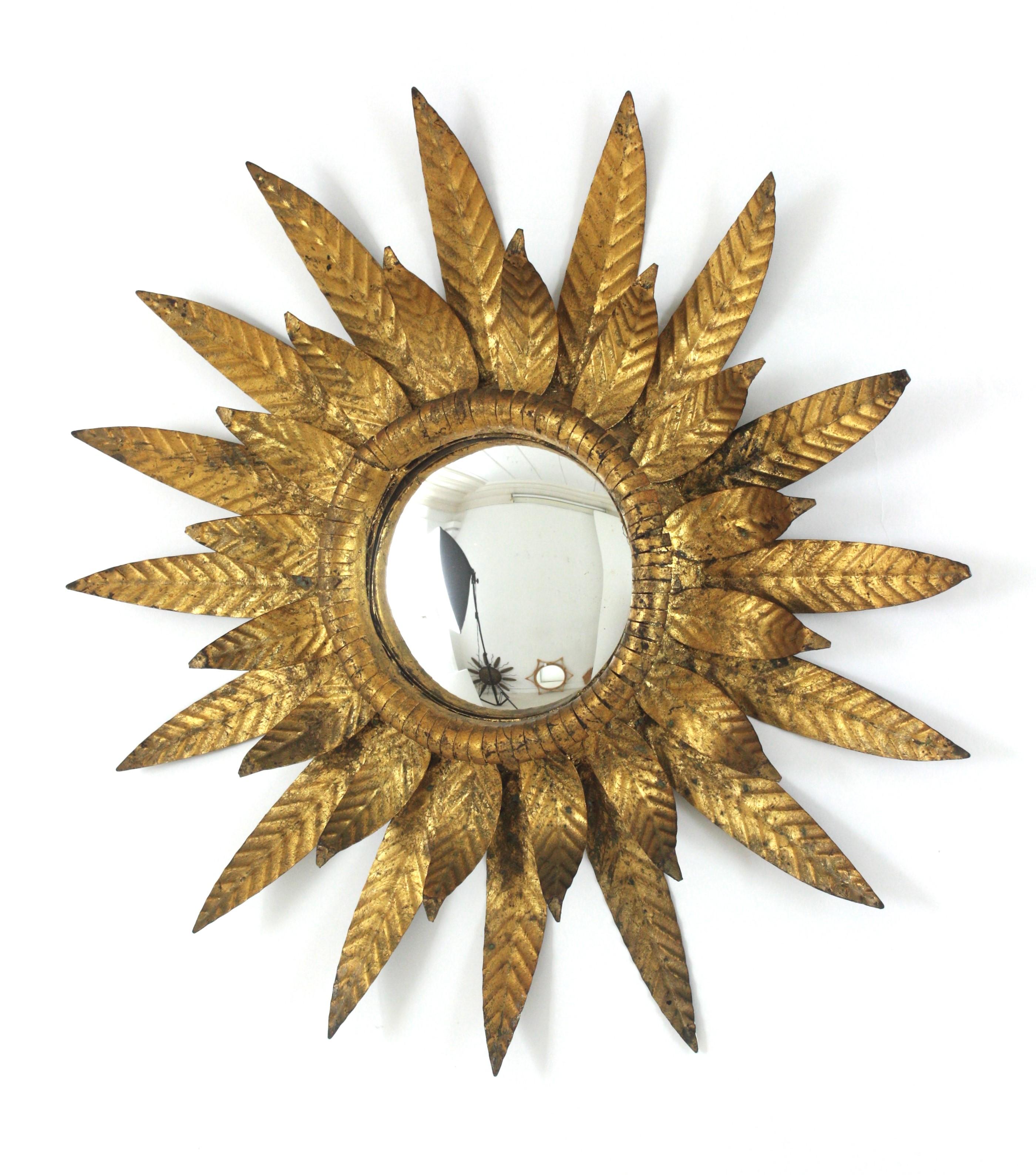 Convex Sunburst Mirror in Gilt Metal, Double Layered Leafed Frame, Spain 1950s For Sale 8