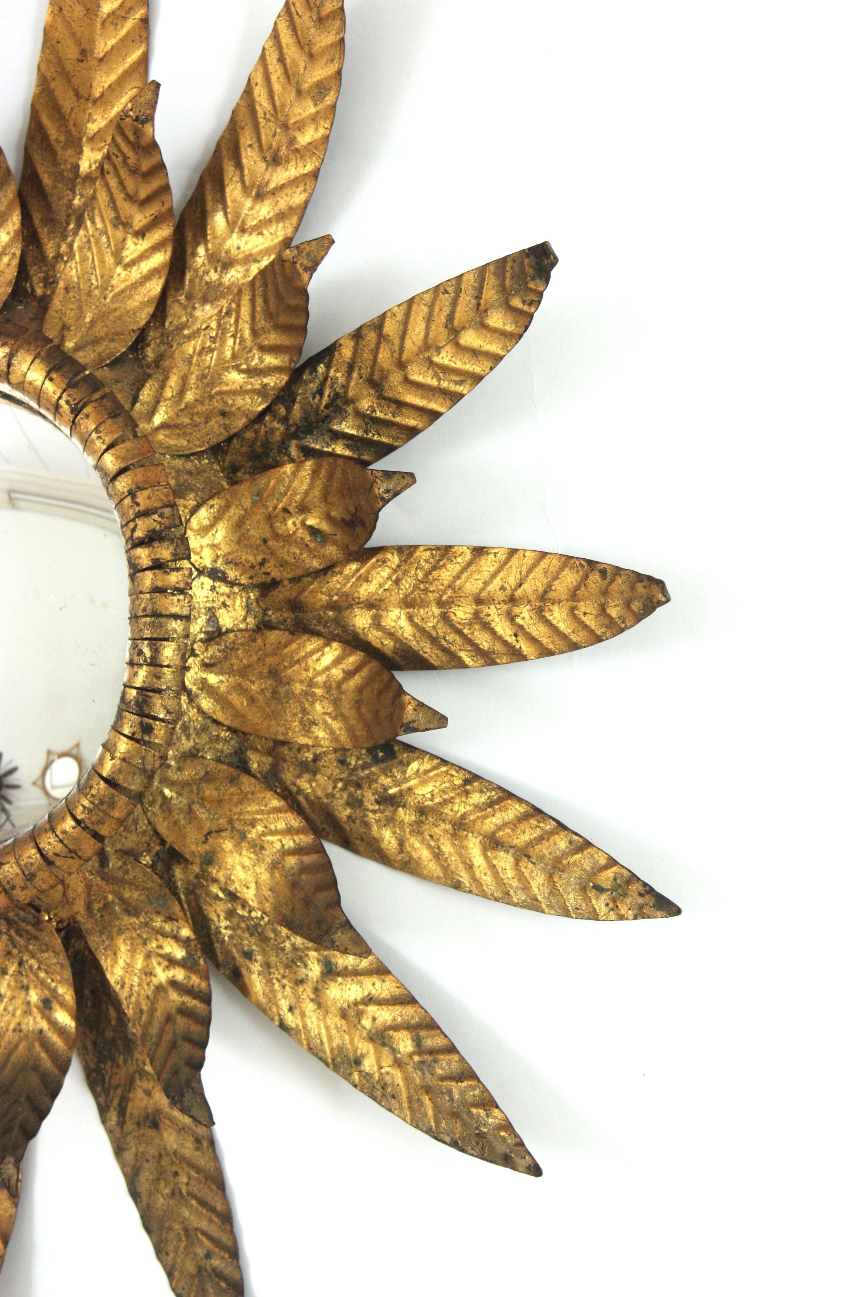 Convex Sunburst Mirror in Gilt Metal, Double Layered Leafed Frame, Spain 1950s For Sale 9