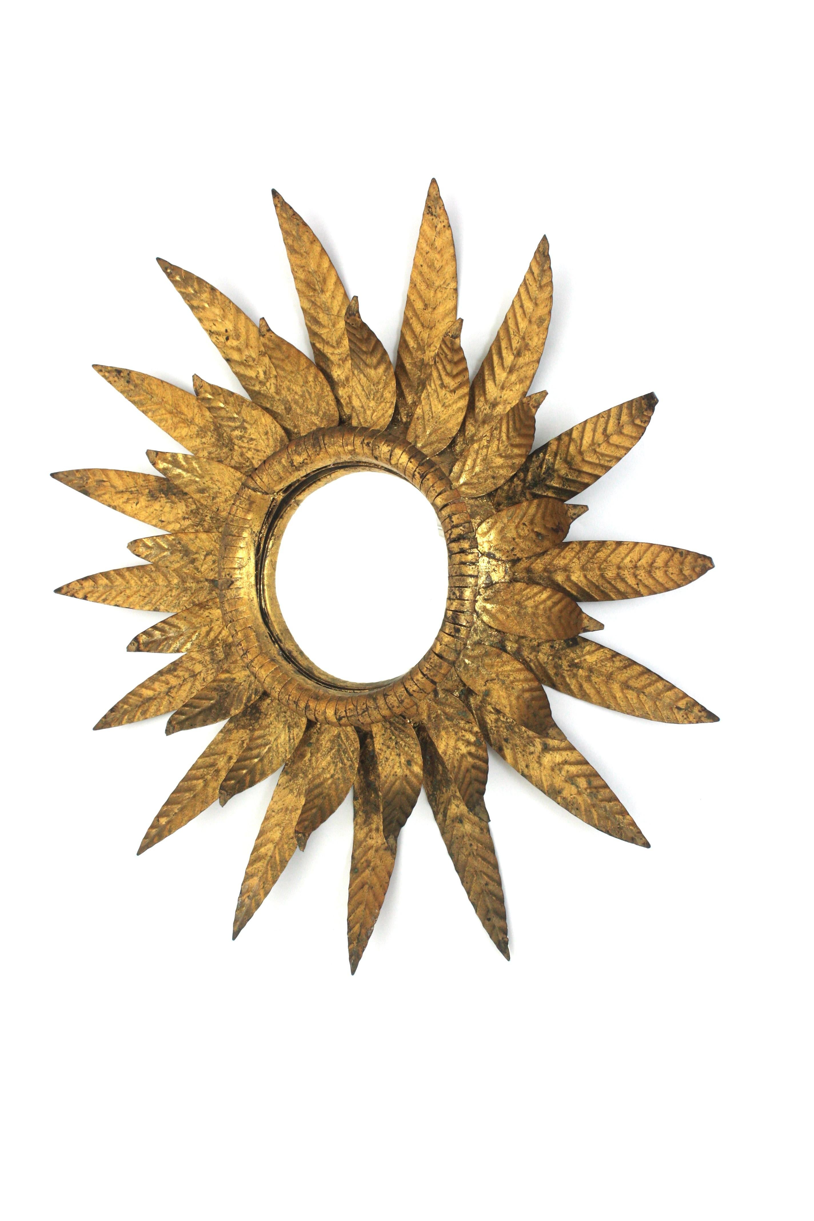 Convex Sunburst Mirror in Gilt Metal, Double Layered Leafed Frame, Spain 1950s For Sale 10