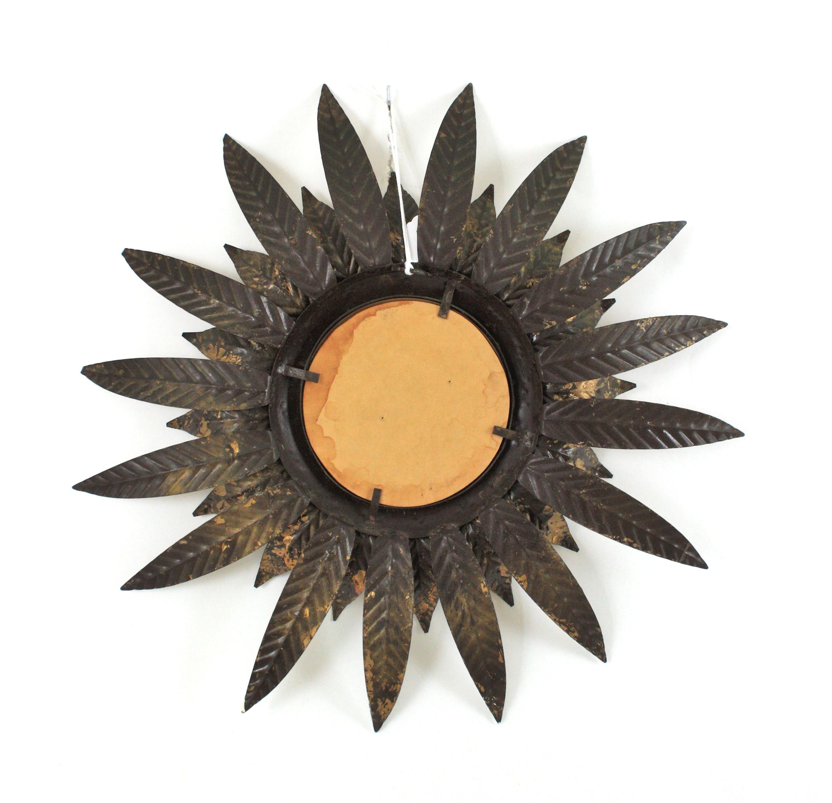 Convex Sunburst Mirror in Gilt Metal, Double Layered Leafed Frame, Spain 1950s For Sale 11