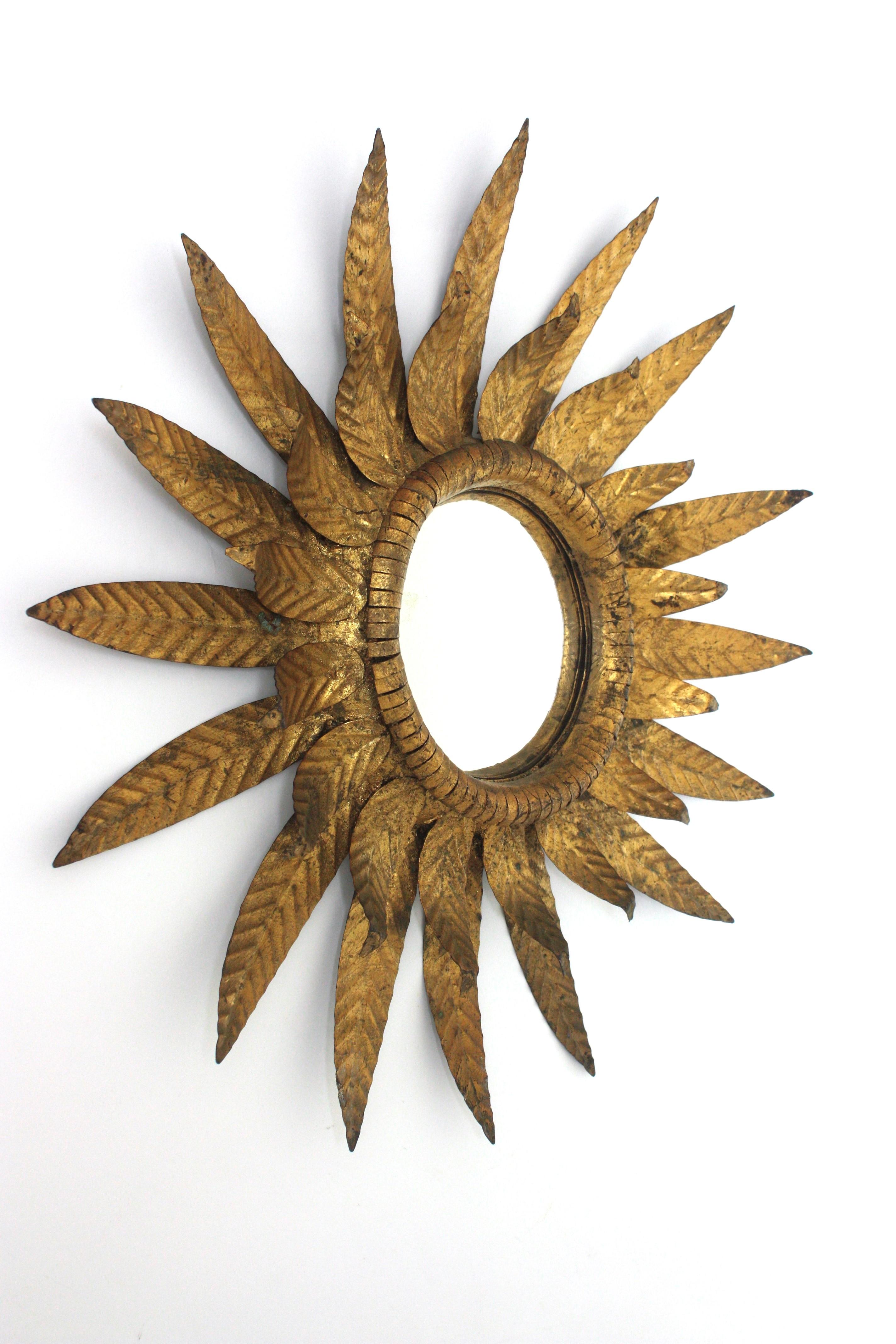 Convex Sunburst Mirror in Gilt Metal, Double Layered Leafed Frame, Spain 1950s For Sale 1