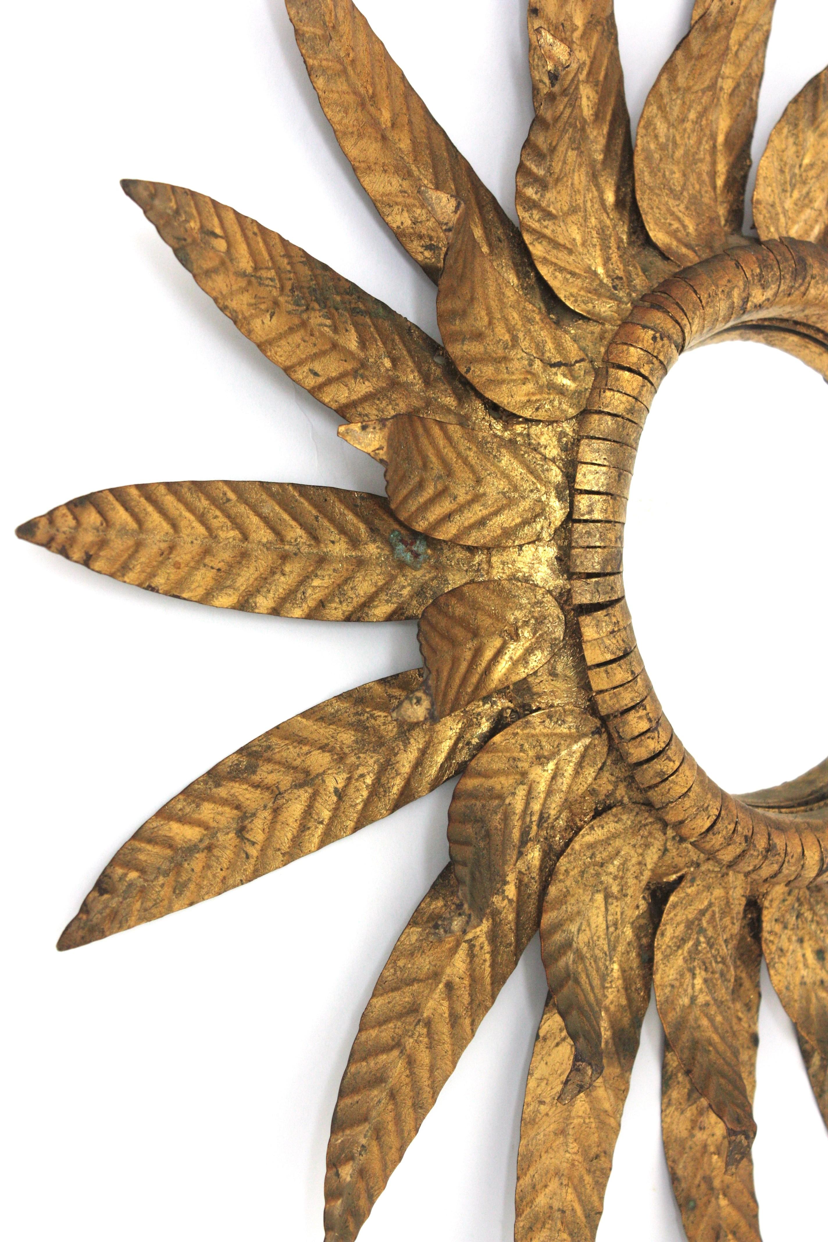 Convex Sunburst Mirror in Gilt Metal, Double Layered Leafed Frame, Spain 1950s For Sale 2