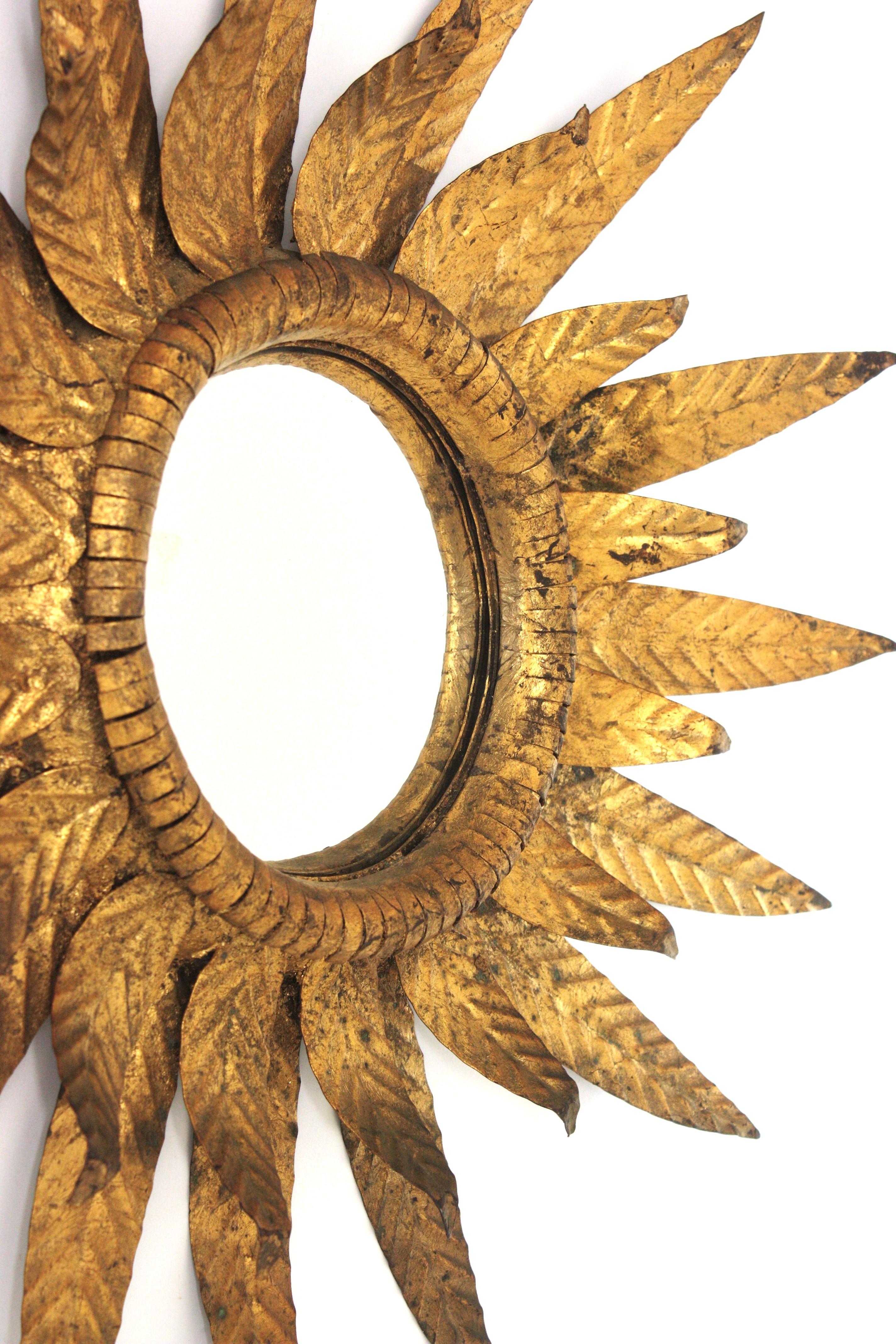 Convex Sunburst Mirror in Gilt Metal, Double Layered Leafed Frame, Spain 1950s For Sale 3