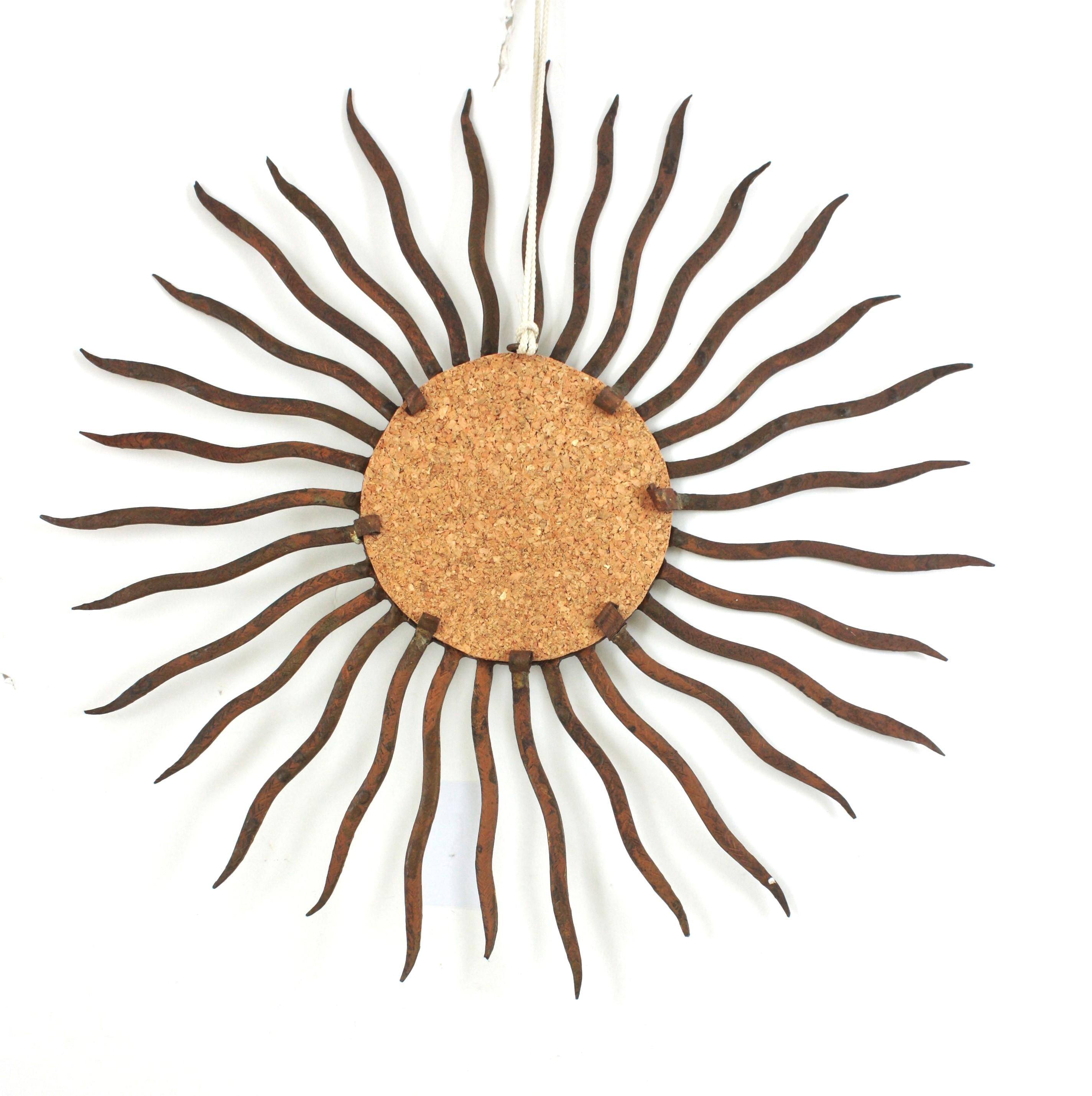 Convex Sunburst Mirror in the Style of Gilbert Poillerat, Parcel Gilt Iron, 40s For Sale 2