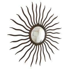 Convex Sunburst Mirror in the Style of Gilbert Poillerat, Parcel Gilt Iron, 40s