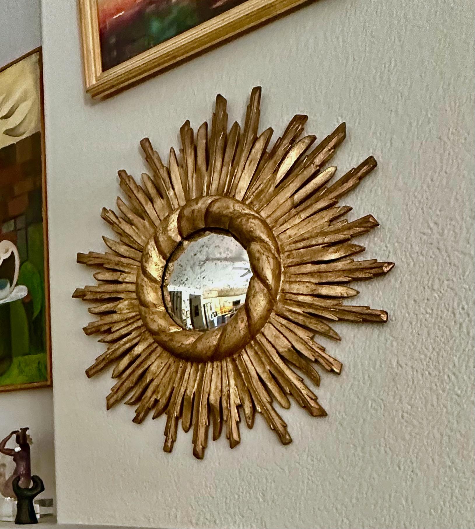 Mid-20th Century Convex Sunburst Starburst Giltwood Wall Mirror For Sale