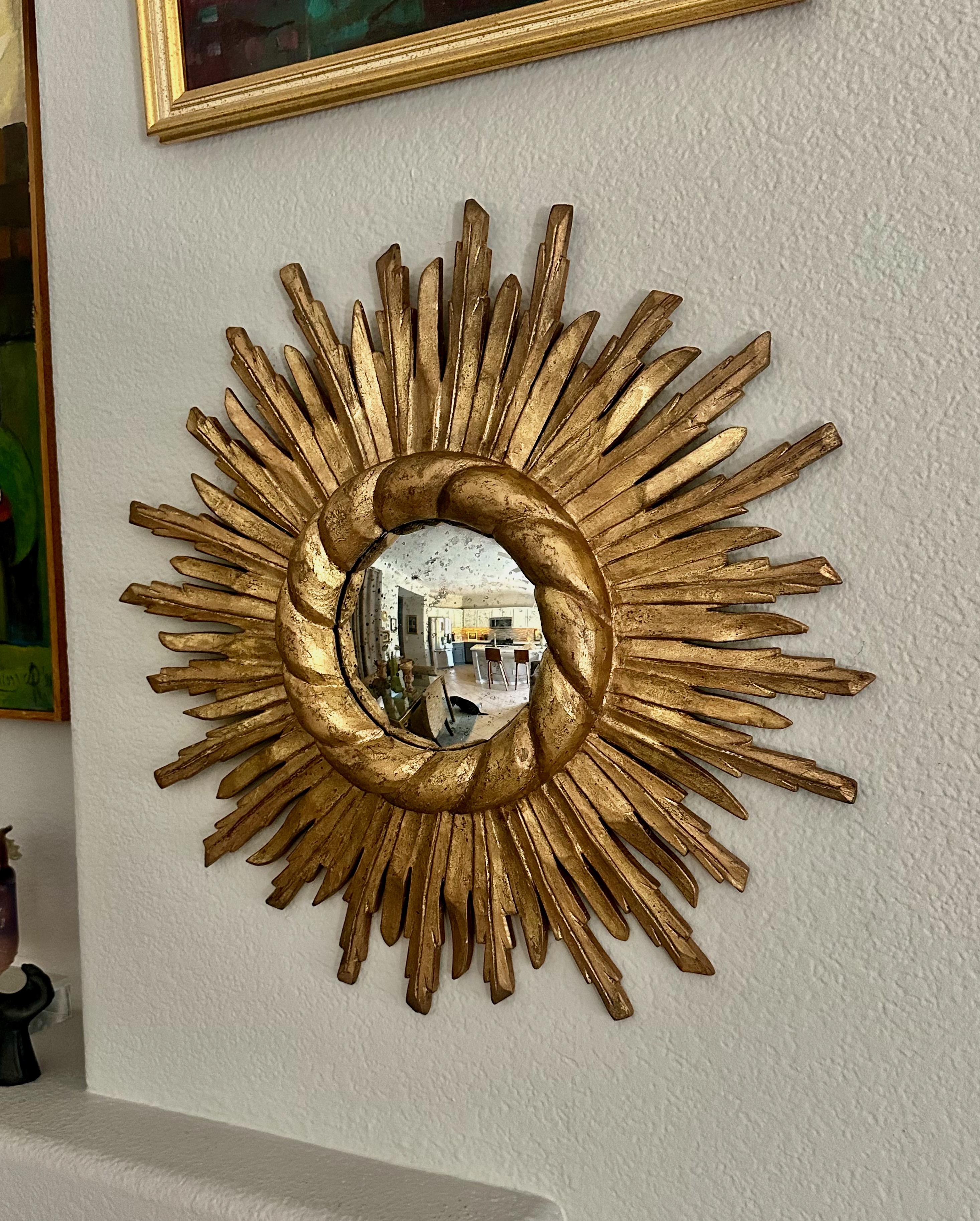 Glass Convex Sunburst Starburst Giltwood Wall Mirror For Sale
