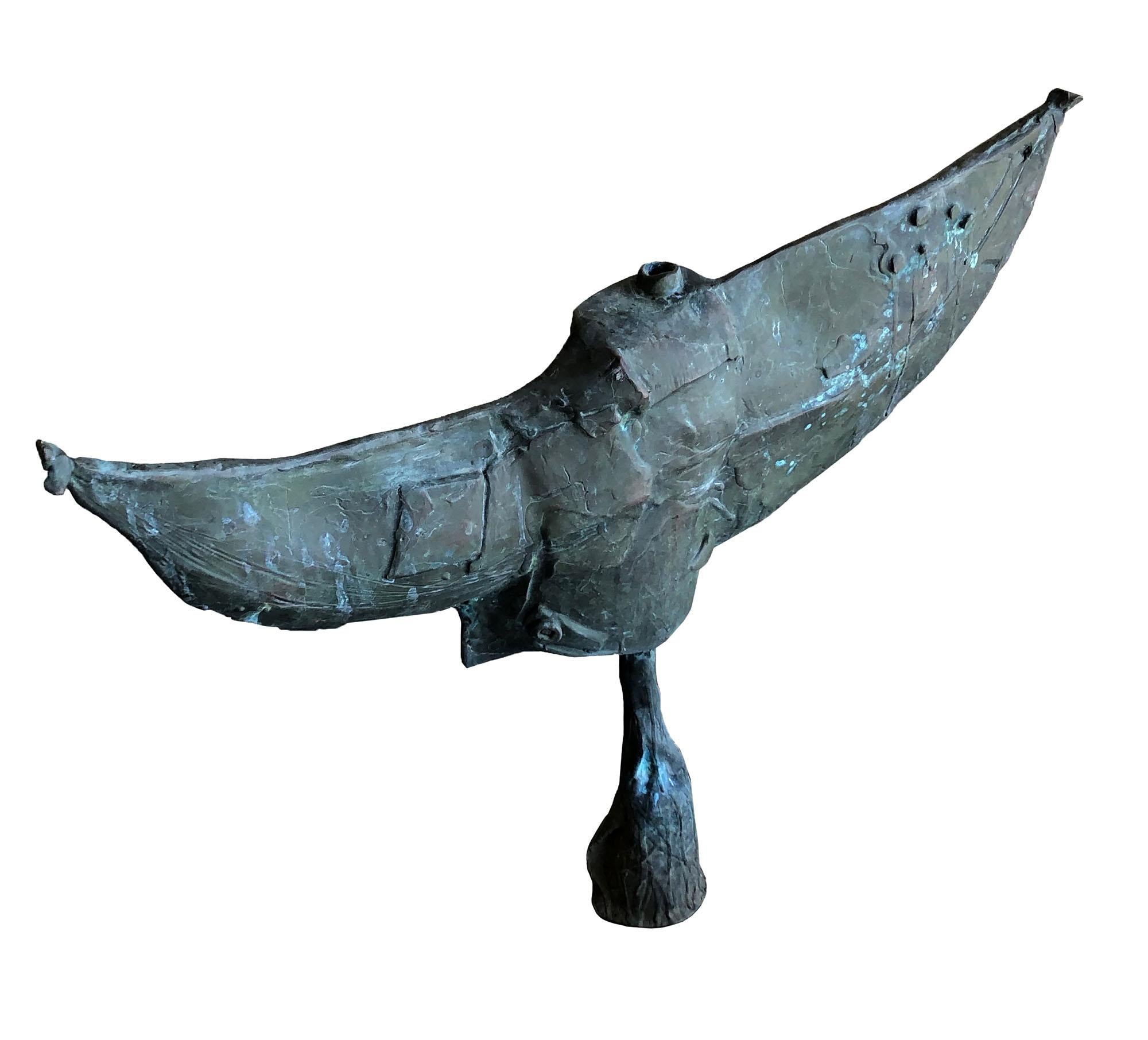 Large abstract modernist bronze garden sculpture in sickle form created by Conway 