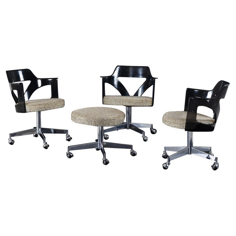 Conwed Vintage Smoked Lucite and Chrome Chairs on Casters with Stool
