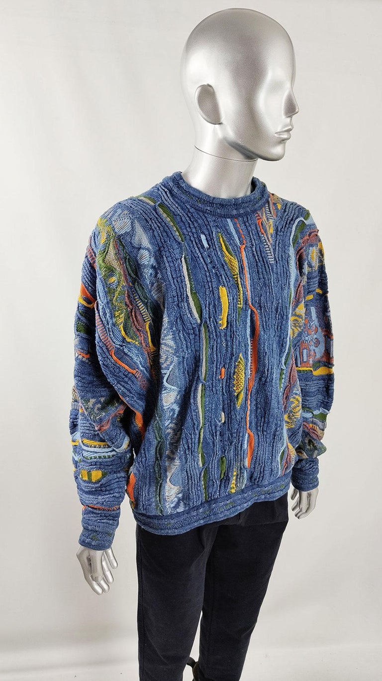 Coogi Vintage Mens Textured Indigo Dyed Cotton 3D Oversized Knit Sweater  Jumper For Sale at 1stDibs