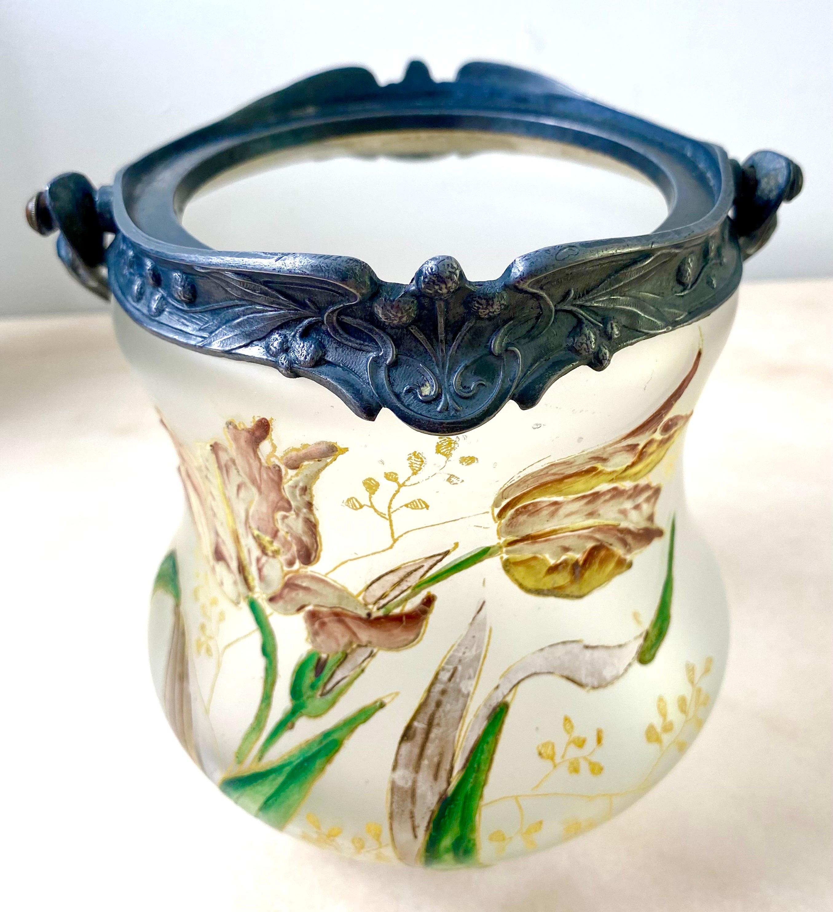 Cookie jar bucket - vase - in enamelled glass & pewter- 1880 Art Nouveau France For Sale 4