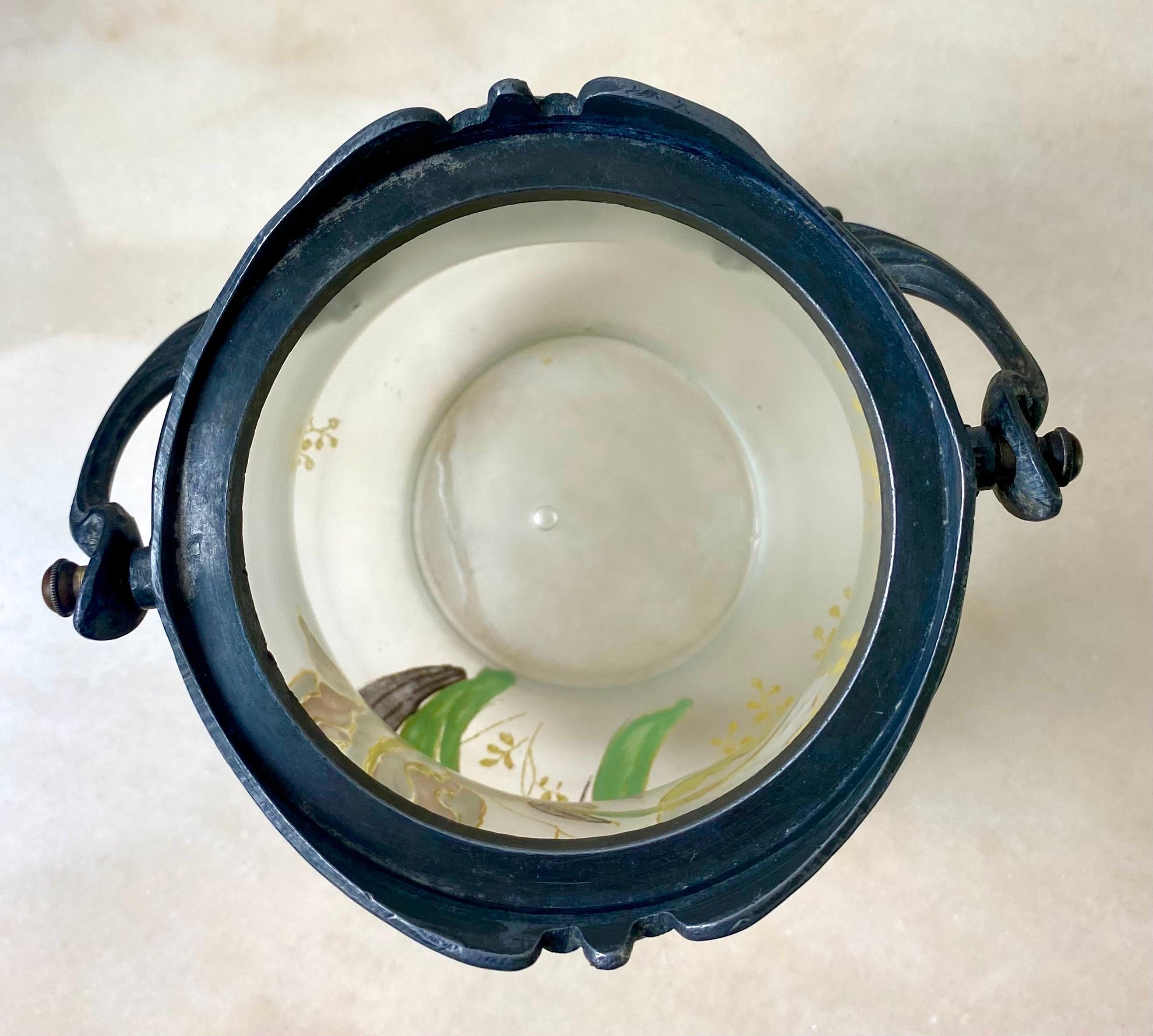 Cookie jar bucket - vase - in enamelled glass & pewter- 1880 Art Nouveau France For Sale 6