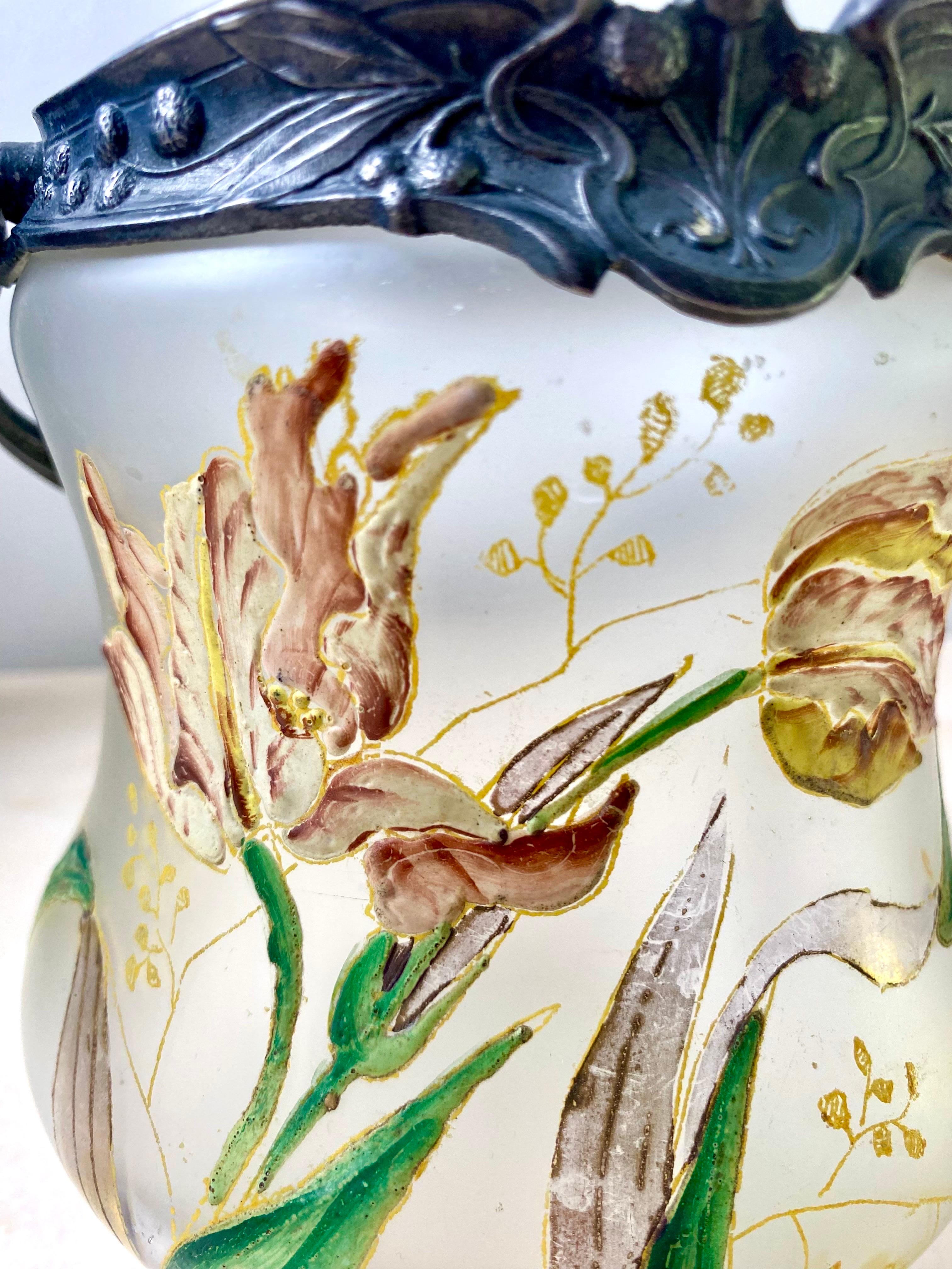 Cookie jar bucket - vase - in enamelled glass & pewter- 1880 Art Nouveau France For Sale 8