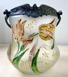 Cookie jar bucket - vase - in enamelled glass & pewter- 1880 Art Nouveau France