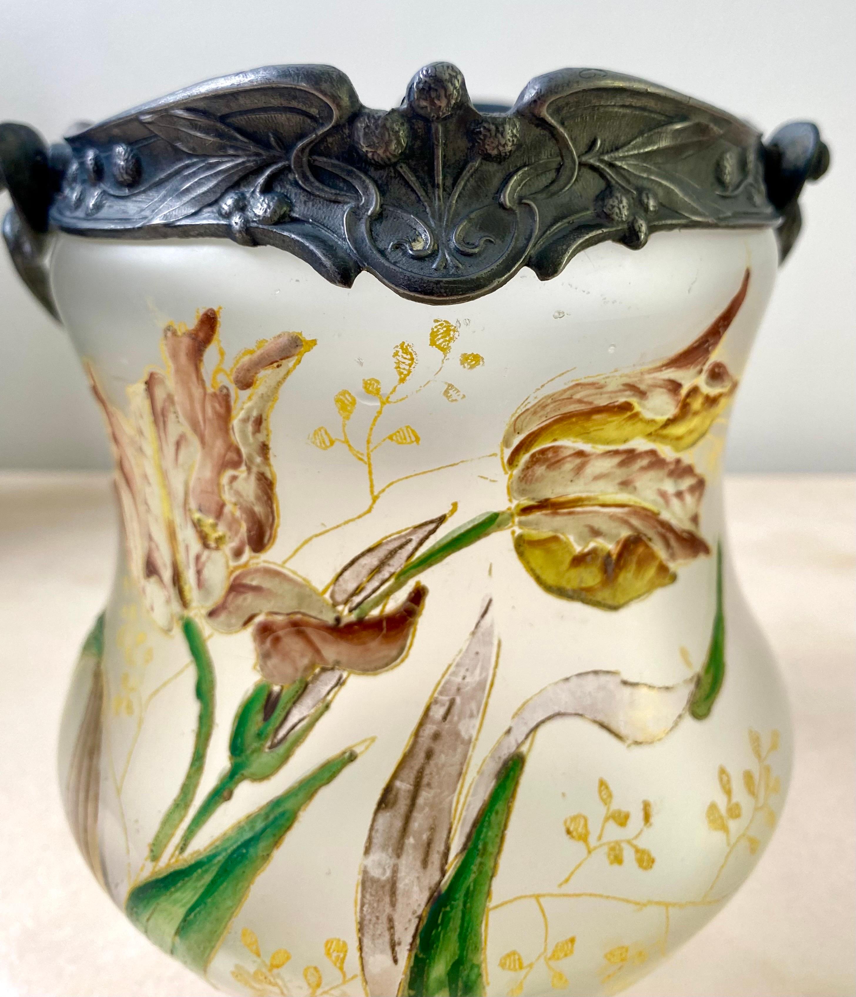 French Cookie jar bucket - vase - in enamelled glass & pewter- 1880 Art Nouveau France For Sale